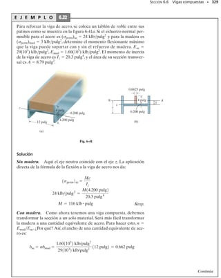 PROBLEMAS • 305
P R O B L E M A S
6-43. Un miembro con las dimensiones mostradas se usa
para resistir un momento flexionante interno M
2 klb pie. Determine el esfuerzo máximo en el miembro
si el momento se aplica (a) alrededor del eje z, (b) alrede-
dor del eje y.Esboce la distribución del esfuerzo para cada
caso.
*6-44. La barra de acero con diámetro de 1 pulg está so-
metida a un momento interno M 300 lb pie. Determi-
ne el esfuerzo generado en los puntos A y B. Esboce tam-
bién una vista tridimensional de la distribución del esfuerzo
que actúa sobre la sección transversal.
6-47. La viga está hecha de tres tablones unidos entre sí
por medio de clavos.Si el momento que actúa sobre la sec-
ción transversal es M 600 N m, determine el esfuerzo
de flexión máximo en la viga. Esboce una vista tridimen-
sional de la distribución del esfuerzo que actúa sobre la
sección transversal.
*6-48. La viga está hecha de tres tablones unidos entre
sí por medio de clavos. Si el momento que actúa sobre la
sección transversal es M 600 N m, determine la fuerza
resultante que el esfuerzo de flexión ejerce sobre el tablón
superior.
6-49. Una viga tiene la sección transversal mostrada. Si
está hecha de acero con un esfuerzo permisible perm
2 klb/pulg2
,determine el máximo momento interno que la
viga puede resistir si el momento se aplica (a) alrededor
del eje z, (b) alrededor del eje y.
6-45. Un miembro tiene la sección transversal triangular
mostrada. Determine el momento máximo interno M que
puede aplicarse a la sección sin exceder los esfuerzos per-
misibles de tensión y de compresión de ( perm)t 22 klb/
pulg2
y ( perm)c 15 klb/pulg2
, respectivamente.
6-46. Un miembro tiene la sección transversal triangular
mostrada. Si se aplica un momento M 800 lb pie a la
sección, determine los esfuerzos máximos de tensión y de
compresión por flexión en el miembro. También, esboce
una vista tridimensional de la distribución del esfuerzo que
actúa sobre la sección transversal.
12 pulg
6 pulg
z
y
x
Prob. 6-43
2 pulg
2 pulg
4 pulg
M
4 pulg
Probs. 6-45/46
25 mm
200 mm
150 mm
20 mm
20 mm
M = 600 N m
Probs. 6-47/48
M = 300 lb pie
A
B
B
45
0.5 pulg
Prob. 6-44
y
0.25 pulg
0.25 pulg
3 pulg
3 pulg
3 pulg
3 pulg
0.25 pulg
z
Prob. 6-49
 
