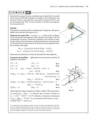 E J E M P L O 1.3
SECCIÓN 1.2 Equilibrio de un cuerpo deformable • 13
El montacargas en la figura 1-6a consiste en la viga AB y en las poleas
unidas a ella, en el cable y en el motor. Determine las cargas internas
resultantes que actúan sobre la sección transversal en C si el motor es-
tá levantando la carga W de 500 lb con velocidad constante. Desprecie
el peso de las poleas y viga.
Solución
La manera más directa de resolver este problema es seccionar el cable
y la viga en C y luego considerar todo el segmento izquierdo.
Diagrama de cuerpo libre. Vea la figura 1-6b.
Ecuaciones de equilibrio.
Resp.
Resp.
Resp.
Como ejercicio,trate de obtener esos mismos resultados consideran-
do el segmento de viga AC, es decir, retire la polea en A de la viga y
muestre las componentes de la fuerza de 500 lb de la polea actuando
sobre el segmento de viga AC.
MC = -2000 lb # ft
d+ © MC = 0;
-500 lb - V
C = 0 V
C = -500 lb
+q© Fy = 0;
500 lb + NC = 0 NC = -500 lb
:
+ © Fx = 0;
(b)
4.5 pies
C
0.5 pie
500 lb
500 lb
VC
NC
MC
A
Fig. 1-6
4 pies 2 pies
6 pies
0.5 pie
0.5 pie
A C
D
B
W (a)
pie
500 lb (4.5 pies)-500 lb (0.5 pies)+MC=0
01-Hibbeler 28/8/56 5:04 AM Página 13
 