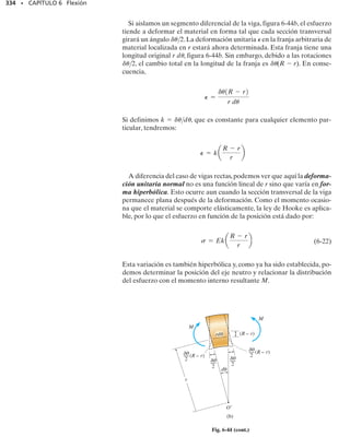 310 • CAPÍTULO 6 Flexión
6-82. La armadura simplemente apoyada está sometida
a la carga central distribuida. Desprecie el efecto de la ce-
losía diagonal y determine el esfuerzo máximo absoluto
de flexión en la armadura. El miembro superior es un tu-
bo con diámetro exterior de 1 pulg y espesor de 
1
3
6
 pulg; el
miembro inferior es una barra sólida con diámetro de 
1
2

pulgada.
6-86. La viga simplemente apoyada está hecha de cuatro
barras de 
3
4
 pulg de diámetro, dispuestas como se muestra.
Determine el esfuerzo máximo de flexión en la viga debi-
do a la carga mostrada.
6-87. Resuelva el problema 6-86 si el arreglo se gira 45°
y se fija en los soportes.
*6-88. La viga de acero tiene la sección transversal mos-
trada. Determine la intensidad máxima de la carga w dis-
tribuida que puede soportar la viga sin que el esfuerzo de
flexión exceda el valor máx  22 klb/pulg2
.
6-89. La viga de acero tiene la sección transversal mos-
trada. Si w  5 klb/pie, determine el esfuerzo máximo ab-
soluto de flexión en la viga.
6-83. El pasador se usa para conectar los tres eslabones
entre sí. Debido al desgaste, la carga se distribuye sobre la
parte superior e inferior del pasador como se muestra en
el diagrama de cuerpo libre. Si el diámetro del pasador es
de 0.40 pulg, determine el esfuerzo máximo de flexión so-
bre la sección transversal a-a central.Para obtener la solu-
ción es necesario primero determinar las intensidades de
las cargas w1 y w2.
*6-84. Una flecha está hecha de un polímero con sección
transversal elíptica. Si resiste un momento interno M 
50 Nm, determine el esfuerzo máximo de flexión genera-
do en el material (a) usando la fórmula de la flexión, donde
Iz  
1
4
(0.08 m)(0.04 m)3
, (b) usando integración. Esbo-
ce una vista tridimensional de la distribución del esfuerzo
que actúa sobre la sección transversal.
6-85. Resuelva el problema 6-84 considerando que el mo-
mento M  50 N m está aplicado respecto al eje y y no
respecto al eje x.Aquí, Iy  
1
4
(0.04 m)(0.08 m)3
.
6 pies
5.75 pies
6 pies 6 pies
100 lb/pie
Prob. 6-82
800 lb
400 lb 400 lb
1 pulg
0.40 pulg
1.5 pulg
1 pulg
a
a
w2 w2
w1
Prob. 6-83
10 pulg
8 pulg
0.30 pulg
8 pies 8 pies 8 pies
0.30 pulg
0.3 pulg
w w
Probs. 6-88/89
2 pies 2 pies
6 pies
80 lb 80 lb
Probs. 6-86/87
y
z x
M = 50 N m

80 mm
160 mm
y
—
—
—
(40)
2
2
z
—
—
—
(80)
2
2
+ = 1
Probs. 6-84/85
 
