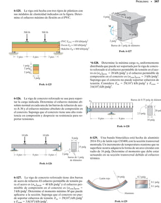 316 • CAPÍTULO 6 Flexión
Como mencionamos anteriormente, es muy importante que los ejes x,
y, z formen un sistema derecho y que se asignen los signos algebraicos
apropiados a las componentes del momento y a las coordenadas al apli-
car esta ecuación. El esfuerzo resultante será de tensión si es positivo y de
compresión si es negativo.
Orientación del eje neutro. El ángulo  del eje neutro en la figura
6-34d puede determinarse aplicando la ecuación 6-17 con   0,ya que por
definición, ningún esfuerzo normal actúa sobre el eje neutro.Tenemos:
PUNTOS IMPORTANTES
• La fórmula de la flexión puede aplicarse sólo cuando la flexión
ocurre respecto a ejes que representan los ejes principales de iner-
cia de la sección transversal. Esos ejes tienen su origen en el cen-
troide y están orientados a lo largo de un eje de simetría, si exis-
te uno, y el otro perpendicular a él.
• Si el momento se aplica respecto a un eje arbitrario, entonces el
momento debe resolverse en componentes a lo largo de cada uno
de los ejes principales, y el esfuerzo en un punto se determina por
superposición del esfuerzo causado por cada una de las compo-
nentes del momento.
+
A
z
y
α
N
=
(d)
(e)
z
x
( )máx
σ
x
( )máx
σ
x
y
(f)
x
( )máx
x
( )máx
σ

σ

x
(σ )máx x
( )máx
σ

+
x
(σ )máx x
( )máx
σ

+
x
(σ )máx x
( )máx
σ

+
x
(σ )máx x
( )máx
σ

+
Fig. 6-34 (cont.)
y =
MyIz
MzIy
z
y = a
Iz
Iy
tan ubz
Como Mz  M cos  