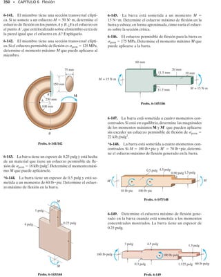 , que define la di-
rección del momento M, figura 6-34a, no es igual a , esto es, al ángulo
que define la inclinación del eje neutro, figura 6-34d, a menos que Iz  Iy.
En cambio, si al igual que en la figura 6-34a el eje y se escoge como el eje
principal para el momento de inercia mínimo y el eje z se escoge como el
eje principal para el momento de inercia máximo, de modo que Iy  Iz,
entonces de la ecuación 6-19 podemos concluir que el ángulo , que se
mide positivamente desde el eje 	z hacia el eje 	y, se encontrará entre
la línea de acción de M y el eje y, esto es  