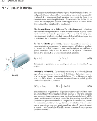E J E M P L O 6.18
La sección transversal rectangular mostrada en la figura 6-35a está so-
metida a un momento flexionante de M  12 kNm. Determine el es-
fuerzo normal desarrollado en cada esquina de la sección, y especifi-
que la orientación del eje neutro.
Solución
Componentes del momento interno. Por inspección se ve que los ejes
y y z representan los ejes principales de inercia ya que ellos son ejes de
simetría para la sección transversal. Según se requiere, hemos estable-
cido el eje z como el eje principal para el momento de inercia máximo.
El momento se descompone en sus componentes y y z, donde
SECCIÓN 6.5 Flexión asimétrica • 317
Mz =
3
5
112 kN # m2 = 7.20 kN # m
My = -
4
5
112 kN # m2 = -9.60 KN # m
Iz =
1
12
10.2 m210.4 m23
= 1.067110-3
2 m4
Iy =
1
12
10.4 m210.2 m23
= 0.2667110-3
2 m4
s = -
Mzy
Iz
+
Myz
Iy
sE = -
7.201103
2 N # m1-0.2 m2
1.067110-3
2 m4
+
-9.601103
2 N # m1-0.1 m2
0.2667110-3
2 m4
= 4.95 MPa
sD = -
7.201103
2 N # m1-0.2 m2
1.067110-3
2 m4
+
-9.601103
2 N # m10.1 m2
0.2667110-3
2 m4
= -2.25 MPa
sC = -
7.201103
2 N # m10.2 m2
1.067110-3
2 m4
+
-9.601103
2 N # m10.1 m2
0.2667110-3
2 m4
= -4.95 MPa
sB = -
7.201103
2 N # m10.2 m2
1.067110-3
2 m4
+
-9.601103
2 N # m1-0.1 m2
0.2667110-3
2 m4
= 2.25 MPa
Propiedades de la sección. Los momentos de inercia respecto a los
ejes y y z son:
Esfuerzos de flexión. Se tiene entonces:
La distribución resultante del esfuerzo normal está esbozada usan-
do estos valores en la figura 6-35b.Como el principio de superposición
es aplicable, la distribución es lineal, como se muestra.
x
z
y
M
(a)
= 12 kN·m
0.2 m
0.2 m
0.1 m
0.1 m
E
D
B
4
C
3
5
Resp.
Resp.
Resp.
Resp.
Continúa
 