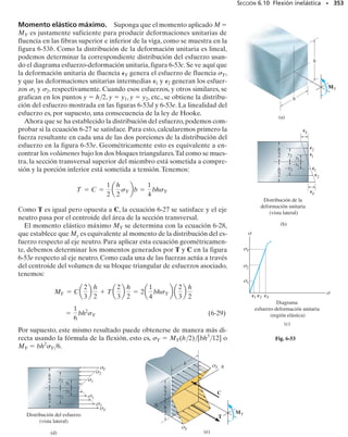 318 • CAPÍTULO 6 Flexión
Orientación del eje neutro. La posición z del eje neutro (NA), figura
6-35b, puede determinarse por proporción.A lo largo del borde BC se
requiere:
(c)
3
4
5
= –53.1°
θ
α
A
α
B C
D
N
y
z
= –79.4°
E
M = 12 kNm
(b)
A
D
C
B
N
E
0.2 m
z
2.25 MPa
4.95 MPa
4.95 MPa
2.25 MPa
De la misma manera, ésta es también la distancia de D al eje neutro en
la figura 6-35b.
Podemos establecer también la orientación del NA usando la
ecuación 6-19, que se utiliza para determinar el ángulo  que el eje
forma con el eje z o eje principal máximo.De acuerdo con nuestra con-
vención de signos,  
