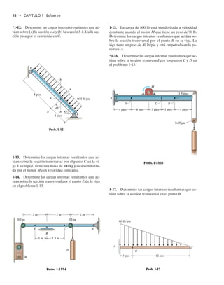 16 • CAPÍTULO 1 Esfuerzo
1-1. Determine la fuerza normal interna resultante que
actúa sobre la sección transversal por el punto A en cada
columna. En (a), el segmento BC pesa 180 lb/pie y el seg-
mento CD pesa 250 lb/pie. En (b), la columna tiene una
masa de 200 kg/m.
P R O B L E M A S
1-3. Determine el par interno resultante que actúa sobre
las secciones transversales por los puntos B y C.
*1-4. Determine la fuerza normal y cortante internas re-
sultantes en el miembro en (a) la sección a-a y (b) la sec-
ción b-b, cada una de las cuales pasa por el punto A. La
carga de 500 lb está aplicada a lo largo del eje centroidal
del miembro.
1-2. Determine el par interno resultante que actúa sobre
las secciones transversales por los puntos C y D. Los co-
jinetes de soporte en A y B permiten el libre giro de la
flecha.
1-5. Determine las cargas internas resultantes que ac-
túan sobre la sección transversal a través del punto D del
miembro AB.
8 kN
3 m
1 m
6 kN
6 kN
4.5 kN
4.5 kN
200 mm
200 mm
A
(b)
200 mm
200 mm
3 pies
2 pies
2 pies
1 pie
B
A
C
500 lbpie
350 lbpie
600 lbpie
Prob. 1-3
A
B
D
C
300 mm
200 mm
150 mm
200 mm
250 mm
150 mm
400 Nm
150 Nm
250 Nm
Prob. 1-2
3 klb
3 klb
5 klb
10 pies
4 pies
4 pies
8 pulg
8 pulg
A
C
D
(a)
B
Prob. 1-1
30°
A
b
a
b
a
500 lb
500 lb
Prob. 1-4
200 mm
50 mm
150 mm
50 mm
300 mm
C
A D
B
70 N m

Prob. 1-5
01-Hibbeler 28/8/56 5:04 AM Página 16
 