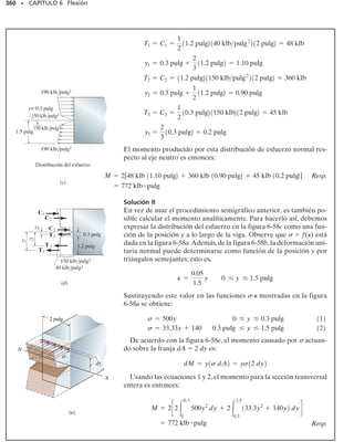 57.1° se muestra en la fi-
gura 6-37a.Así,
Resp.
El eje neutro está localizado como se muestra en la figura 6-37b.
SECCIÓN 6.5 Flexión asimétrica • 321
E J E M P L O 6.20
(a)
z
z
= 57.1°
M
y
M
P
400 mm
100 mm
300 mm
M = 20 kNm
100 mm
32.9°
θ
y
z

y

A
z
z

(b)
N
0.350 m
0.200 m
32.9°
32.9°
y
y

= 85.3°
α
P
Fig. 6-37
Mz = 20 kN # m cos 57.1° = 10.86 kN # m
My = 20 kN # m sen 57.1° = 16.79 kN # m
zP = 0.35 cos 32.9° - 0.2 sen 32.9° = 0.1852 m
yP = -0.35 sen 32.9° - 0.2 cos 32.9° = -0.3580 m
= 3.76 MPa
= -
110.86 kN # m21-0.3580 m2
7.54110-3
2 m4
+
116.79 kN # m210.1852 m2
0.960110-3
2 m4
sP = -
MzyP
Iz
+
MyzP
Iy
a = 85.3°
tan a = c
7.54110-3
2 m4
0.960110-3
2 m4
d tan 57.1°
 