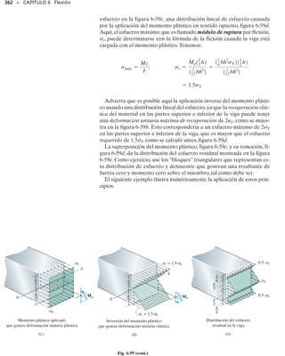 PROBLEMAS • 323
*6-108. La viga de acero de patín ancho en voladizo está
sometida a la fuerza P concentrada en su extremo. Deter-
mine la magnitud máxima de esta fuerza tal que el esfuerzo
de flexión generado en A no exceda el valor perm 180
MPa.
6-109. La viga de acero de patín ancho en voladizo está
sometida a la fuerza concentrada P 600 N en su extre-
mo. Determine el esfuerzo máximo de flexión generado
en la sección A de la viga.
6-110. El tablón se usa como vigueta de piso simplemen-
te apoyada. Si se aplica un momento M 800 lb pie a 3°
del eje z, determine el esfuerzo de flexión generado en el
tablón en la esquina A. Compare este esfuerzo con el ge-
nerado por el mismo momento aplicado a lo largo del eje
z ( 0°). ¿Qué valor tiene el ángulo para el eje neutro
cuando 3°? Comentario: normalmente, las duelas del
piso se clavan a la parte superior de las viguetas de modo
que 0° y los altos esfuerzos debidos a la falta de ali-
neamiento no se presentan.
6-111. Considere el caso general de una viga prismática
sometida a las componentes de momento My y Mz como se
muestra, cuando los ejes x, y, z pasan por el centroide de la
sección transversal. Si el material es elástico-lineal, el es-
fuerzo normal en la viga es una función lineal de la posi-
ción tal que a by cz. Usando las condiciones de
equilibrio 0 ∫A dA, My ∫A z dA, Mz ∫A y dA,
determine las constantes a, b y c y demuestre que el es-
fuerzo normal puede determinarse con la ecuación
[ (MzIy MyIyz)y (MyIz MzIyz)z]/(IyIz Iyz
2
). Los
momentos y productos de inercia están definidos en el
apéndice A.
*6-112. La viga en voladizo tiene la sección transversal
Z mostrada. Bajo la acción de las dos cargas, determine el
esfuerzo máximo de flexión en el punto A de la viga. Use
el resultado del problema 6-111.
6-113. La viga en voladizo tiene la sección transversal Z
mostrada.Bajo la acción de las dos cargas,determine el es-
fuerzo máximo de flexión en el punto B de la viga. Use el
resultado del problema 6-111.
150 mm
10 mm
10 mm
10 mm
200 mm
30°
z
y
x
A
P
2 m
Probs. 6-108/109
= 800 lb pie
M
6 pulg
y
x
z
2 pulg
A
= 3
θ
Prob. 6-110
2 pies
50 lb
50 lb
3 pies
3 pulg
0.25 pulg
0.25 pulg
0.25 pulg
2.25 pulg
2 pulg
A
B
Probs. 6-112/113
y
y
z x
z
dA
My
C
Mz
σ
Prob. 6-111
 