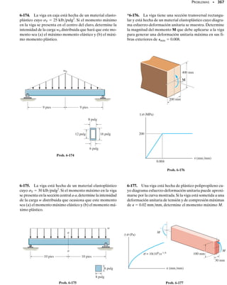 328 • CAPÍTULO 6 Flexión
Esfuerzo normal. Aplicando la fórmula de la flexión,el esfuerzo nor-
mal en B
 y C es:
Resp.
La distribución del esfuerzo normal sobre la sección transformada (to-
da de acero) se muestra en la figura 6-40c.
El esfuerzo normal en la madera en B,figura 6-40a,se determina con
la ecuación 6-21; así,
Resp.
Usando estos conceptos, demuestre que el esfuerzo normal en el
acero y en la madera en el punto en que están en contacto es ac 
3.50 MPa y mad  0.210 MPa, respectivamente. La distribución del
esfuerzo normal en la viga real se muestra en la figura 6-40d.
sB
 =
2 kN # m10.170 m - 0.03638 m2
9.358110-6
2 m4
= 28.6 MPa
sC =
2 kN # m10.03638 m2
9.358110-6
2 m4
= 7.78 MPa
7.78 MPa
C
3.50 MPa
0.210 MPa
1.71 MPa
B
(d)
= 2 kNm
M
= 2 kNm
7.78 MPa
28.6 MPa
3.50 MPa
B

C
(c)
M
sB = nsB
 =
12 GPa
200 GPa
128.56 MPa2 = 1.71 MPa
 