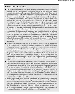 330 • CAPÍTULO 6 Flexión
La sección transformada se muestra en la figura 6-41b. El eje neutro
está en:
El momento de inercia respecto al eje neutro es:
El esfuerzo normal máximo en el acero ocurrirá en el fondo de la vi-
ga, figura 6-41b. Aquí, c  4.200 pulg 	 0.5093 pulg  4.7093 pulg. El
momento máximo con base en el esfuerzo permisible del acero es por
tanto:
El esfuerzo normal máximo en la madera se presenta en la parte su-
perior de la viga, figura 6-41b. Aquí, c
  4.20 pulg – 0.5093 pulg 
3.6907 pulg. Como mad  nac, el momento máximo con base en el es-
fuerzo permisible de la madera es:
Por comparación, el momento máximo está regido por el esfuerzo
permisible en el acero.Así,
M  172 klb pulg Resp.
Advierta también que al usar la madera como refuerzo, se proporcio-
na una capacidad adicional de 48% de momento para la viga.
= 0.5093 pulg
y =
©y
'
A
©A
=
[0]18.79 pulg2
2 + [2.20 pulg]14 pulg210.662 pulg2
8.79 pulg2
+ 410.662 pulg2
2
= 33.68 pulg4
c
1
12
10.662 pulg214 pulg23
+ 10.662 pulg214 pulg212.200 pulg - 0.5093 pulg22
d
I = [20.3 pulg4
+ 18.79 pulg2
210.5093 pulg22
] +
M = 172 klb # pulg
24 klbpulg2
=
M14.7093 pulg2
33.68 pulg4
1sperm2ac =
Mc
I
M
 = 496 klb # pulg
3 klbpulg2
= c
1.601103
2 klb/pulg2
291103
2 klb/pulg2
d
M
13.6907 pulg2
33.68 pulg4
1sperm2mad = n
M
c

I
 