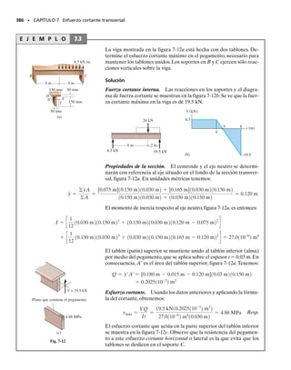PVC EPVC = 450 klb/pulg2
Escon EE = 160 klb/pulg2
Bakelite EB = 800 klb/pulg2
3 pies 4 pies
500 lb 500 lb
3 pies
3 pulg
1 pulg
2 pulg
2 pulg
Prob. 6-125
PROBLEMAS • 347
6-125. La viga está hecha con tres tipos de plásticos con
sus módulos de elasticidad indicados en la figura. Deter-
mine el esfuerzo máximo de flexión en el PVC.
*6-128. Determine la máxima carga w0 uniformemente
distribuida que puede ser soportada por la viga de concre-
to reforzado si el esfuerzo permisible de tensión en el ace-
ro es (ac)perm  28 klb/pulg2
y el esfuerzo permisible de
compresión en el concreto es (conc)perm  3 klb/pulg2
.
Suponga que el concreto no puede soportar esfuerzos de
tensión. Considere Eac  29(103
) klb/pulg2
y Econc 
3.6(103
) klb/pulg2
.
6-126. La viga de concreto reforzado se usa para sopor-
tar la carga indicada. Determine el esfuerzo máximo ab-
soluto normal en cada una de las barras de refuerzo de ace-
ro A-36 y el esfuerzo máximo absoluto de compresión en
el concreto. Suponga que el concreto tiene una alta resis-
tencia en compresión y desprecie su resistencia para so-
portar tensiones.
6-127. La viga de concreto reforzado tiene dos barras
de acero de refuerzo. El esfuerzo permisible de tensión pa-
ra el acero es (ac)perm  40 klb/pulg2
y el esfuerzo per-
misible de compresión en el concreto es (conc)perm 
3 klb/pulg2
. Determine el momento máximo M que puede
aplicarse a la sección. Suponga que el concreto no pue-
de soportar esfuerzos de tensión. Eac  29(103
) klb/pulg2
y Econc  3.8(103
) klb/pulg2
.
6-129. Una banda bimetálica está hecha de aluminio
2014-T6 y de latón rojo C83400, con la sección transversal
mostrada.Un incremento de temperatura ocasiona que su
superficie neutra adquiera la forma de un arco circular con
radio de 16 pulg. Determine el momento que debe estar
actuando en su sección transversal debido al esfuerzo
térmico.
4 pulg
18 pulg
8 pulg
8 pulg
6 pulg
2 pulg
Barras de 1 pulg de diámetro
M
Prob. 6-127
15 pulg
8 pulg
2 pulg
barras de 1 pulg
de diámetro
4 pies
8 pies
4 pies
10 klb
10 klb
Prob. 6-126
0.1 pulg
0.1 pulg
0.3 pulg
Aluminio
16 pulg
Latón rojo
Prob. 6-129
20 pulg
10 pulg
2.5 pulg
Barras de 0.75 pulg de diámetro
8 pies
w0
8 pies
Prob. 6-128
 