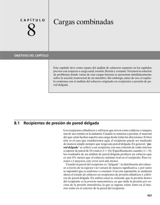 E J E M P L O 7.2
384 • CAPÍTULO 7 Esfuerzo cortante transversal
Una viga de acero de patín ancho tiene las dimensiones mostradas en
la figura 7-11a. Si está sometida a una fuerza cortante V  80 kN,(a)
grafique la distribución del esfuerzo cortante que actúa sobre la sec-
ción transversal de la viga y (b) determine la fuerza cortante que resis-
te el alma.
Solución
Parte (a). La distribución del esfuerzo cortante es parabólica y varía
tal como se muestra en la figura 7-11b. Debido a la simetría, sólo los
esfuerzos cortantes en los puntos B, B y C tienen que calcularse. Para
mostrar cómo obtener esos valores, debemos primero determinar el
momento de inercia de la sección transversal respecto al eje neutro.En
unidades métricas, tenemos:
Para el punto B, tB  0.300 m, y A es el área sombreada mostrada
en la figura 7-11c. Entonces,
por lo que
Para el punto B, tB  0.015 m y QB  QB, figura 7-11c. Por consi-
guiente,
300 mm
(a)
15 mm
20 mm
20 mm
A
N
100 mm
100 mm
= 80 kN
V
(b)
= 1.13 MPa
B
= 22.6 MPa
B
= 25.2 MPa
C
1.13 MPa
22.6 MPa
B
B
C
N A
0.02 m
0.100 m
0.300 m
B B
(c)
A
= 155.6110-6
2 m4
+ 2c
1
12
10.300 m210.02 m23
+ 10.300 m210.02 m210.110 m22
d
I = c
1
12
10.015 m210.200 m23
d
QB = yA = [0.110 m]10.300 m210.02 m2 = 0.660110-3
2 m3
tB =
VQB
ItB
=
80 kN10.660110-3
2 m3
2
155.6110-6
2 m4
10.015 m2
= 22.6 MPa
tB =
VQB
ItB
=
80 kN10.660110-3
2 m3
2
155.6110-6
2 m4
10.300 m2
= 1.13 MPa
Fig. 7-11
07-Hibbeler 31/8/56 3:34 AM Página 384
 