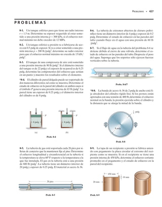 388 • CAPÍTULO 7 Esfuerzo cortante transversal
388 • CAPÍTULO 7 Esfuerzo cortante transversal
7-11. Esboce la intensidad de la distribución del esfuer-
zo cortante que actúa sobre la sección transversal de la vi-
ga y determine la fuerza cortante resultante que actúa so-
bre el segmento AB. La fuerza cortante que actúa en la
sección es V  35 klb. Demuestre que INA  872.49 pulg4
.
7-13. La barra de acero tiene un radio de 1.25 pulg.Si es-
tá sometida a una fuerza cortante V  5 klb, determine el
esfuerzo cortante máximo.
*7-12. El puntal está sometido a una fuerza cortante ver-
tical V  130 kN. Trace la intensidad de la distribución del
esfuerzo cortante que actúa sobre la sección transversal y
calcule la fuerza cortante resultante desarrollada en el seg-
mento vertical AB.
7-14. Determine la fuerza cortante V máxima que el
miembro puede soportar si el esfuerzo cortante permisi-
ble es máx  8 klb/pulg2
.
7-15. Si la fuerza cortante aplicada es V  18 klb, deter-
mine el esfuerzo cortante máximo en el miembro.
*7-16. La viga tiene una sección transversal cuadrada y
está hecha de madera con un esfuerzo cortante permisible
perm  1.4 klb/pulg2
. Determine la dimensión a más pe-
queña de sus lados cuando está sometida a una fuerza cor-
tante V  1.5 klb.
V = 5 klb
1.25 pulg
Prob. 7-13
V = 35 klb
2 pulg
3 pulg
3 pulg
6 pulg
8 pulg
A
B
C
Prob. 7-11
A
B
50 mm
150 mm
150 mm
150 mm
150 mm
50 mm
V = 130 kN
Prob. 7-12
V
3 pulg1 pulg
1 pulg
1 pulg
3 pulg
Probs. 7-14/15
a
a
V = 1.5 klb
Prob. 7-16
07-Hibbeler 31/8/56 3:34 AM Página 388
 