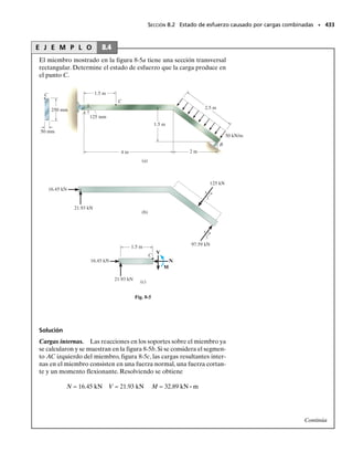 E J E M P L O 7.4
La viga se va a construir con cuatro tablones pegados entre sí como se
muestra en la figura 7-16a. Si va a estar sometida a una fuerza cortan-
te V  850 kN, determine el flujo de cortante en B y C que debe resis-
tir el pegamento.
Solución
Propiedades de la sección. El eje neutro (centroide) se localizará con
referencia al fondo de la viga, figura 7-16a. Con unidades métricas, te-
nemos:
El momento de inercia calculado con respecto al eje neutro es:
Como el pegamento en B y B conecta el tablón superior a la viga,
figura 7-16b, tenemos:
De la misma manera, el pegamento en C y C conecta el tablón inte-
rior a la viga, figura 7-16b, por lo que:
Flujo de cortante. Para B y B tenemos:
Para C y C,
Como se usan dos juntas de pegamento para conectar cada tablón, el
pegamento por metro de longitud de viga en cada junta debe ser sufi-
cientemente fuerte para resistir la mitad de cada valor calculado de q.
Entonces,
qB  1.31 MN/m y qC  0.0498 MN/m Resp.
394 • CAPÍTULO 7 Esfuerzo cortante transversal
250 mm
10 mm
10 mm
200 mm
300 mm
125 mm 10 mm
10 mm
A
N
y
–
= 850 kN
V
B
C
(a)
A
N
y
–
B
B
C
(b)
C
B
y
–
C
A
C
A
B
Fig. 7-16
= 0.1968 m
y =
©yA
©A
=
2[0.15 m]10.3 m210.01 m2 + [0.205 m]10.125 m210.01 m2 + [0.305 m]10.250 m210.01 m2
210.3 m210.01 m2 + 0.125 m10.01 m2 + 0.250 m10.01 m2
= 0.270110-3
2 m3
QB = yBAB = [0.305 m - 0.1968 m]10.250 m210.01 m2


qB =
VQB
I
=
850 kN10.270110-3
2 m3
2
87.52110-6
2 m4
= 2.62 MNm

q
C =
VQC
I
=
850 kN10.01025110-3
2 m3
2
87.52110-6
2 m4
= 0.0995 MNm
= 0.01025110-3
2 m3
QC = yCAC = [0.205 m - 0.1968 m]10.125 m210.01 m2


= 87.52110-6
2 m4
+
1
2
10.250 m210.01 m23
+ 10.250 m210.01 m210.305 m - 0.1968 m22
+
1
12
10.125 m210.01 m23
+ 10.125 m210.01 m210.205 m - 0.1968 m22
I = 2
1
12
10.01 m210.3 m23
+ 10.01 m210.3 m210.1968 m - 0.150 m22
07-Hibbeler 31/8/56 3:34 AM Página 394
 