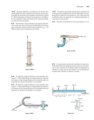 Para el alma se puede realizar un análisis similar, figura 7-20c. En este
caso se tiene Q  
y
A  [d/2](bt)  [y  (1/2)(d/2 – y)]t(d/2  y) 
bt d/2  (d2
/4 – y2
), así que:
(7-9)
Para el alma, el flujo cortante, al igual que el esfuerzo cortante, varía de
manera parabólica, de q  2(qmáx)f  Vt db/2I en y  d/2 hasta un máxi-
mo de q  (qmáx)alma  (Vt d/I)(b/2  d/8) en y  0, figura 7-20d.
Para determinar la fuerza en el alma,Falma,hay que integrar la ecuación
7-9, es decir,
Es posible una simplificación si se observa que el momento de inercia pa-
ra el área de la sección transversal es:
Si se desprecia el primer término, en vista de que el espesor de los pati-
nes es pequeño, se obtiene:
Sustituyendo en la ecuación anterior, vemos que Falma  V, lo que era de
esperarse, figura 7-20e.
SECCIÓN 7.5 Flujo cortante en miembros de pared delgada • 403
q =
VQ
I
=
Vt
I
c
db
2
+
1
2
a
d2
4
- y2
b d
Fig. 7–20d
Distribución de flujo cortante
(d)
qmáx
( )f
qmáx
( )f
( )
qmáx f
2
( )
qmáx w
( )
qmáx f
2
(e)
f
F F
F F
alma
F = V
f
f f
Fig. 7-20
b
t
t
d
2
d
2
A
V
N
t
(a) (b)
N A
x
b
2
d
2
dx
t
q
(c)
N A
b
d
2
t
t
t
y
q
dy
=
Vtd2
4I
a2b +
1
3
db
=
Vt
I
c
db
2
y +
1
2
a
d2
4
y -
1
3
y3
b d `
-d2
d2
Falma = q dy = 
d2
-d2
Vt
I
c
db
2
+
1
2
a
d2
4
- y2
b d dy
I = 2c
1
12
bt3
+ bta
d
2
b
2
d +
1
12
td3
I =
td2
4
a2b +
1
3
db
07-Hibbeler 31/8/56 3:34 AM Página 403
 