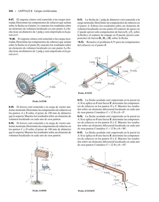 En la sección anterior se supuso que la fuerza cortante interna V estaba
aplicada a lo largo de un eje centroidal principal de inercia que también
representa un eje de simetría de la sección transversal. En esta sección se
considerará el efecto de aplicar la fuerza cortante a lo largo de un eje cen-
troidal principal que no es un eje de simetría. Como antes, se analizarán
sólo miembros de pared delgada, de modo que se usarán las dimensiones
de la línea central de las paredes de los miembros. Un ejemplo representa-
tivo de este caso es una canal en voladizo, mostrada en la figura 7-23a, y
sometida a la fuerza P. Si esta fuerza se aplica a lo largo del eje inicialmen-
te vertical asimétrico que pasa por el centroide C de la sección transver-
sal, la canal no sólo se flexionará hacia abajo, sino que también se torcerá
en sentido horario como se muestra en la figura.
*7.6 Centro de cortante
406 • CAPÍTULO 7 Esfuerzo cortante transversal
(a)
P
C
P
(e)
(q )
máx f
(q )
máx alma
(q )
máx f
Distribución del flujo de cortante
(b)
d
C
A
Ff
Ff
V P
=
(c)
A
P
O
(d)
e
=
Fig. 7-23
07-Hibbeler 31/8/56 3:34 AM Página 406
 