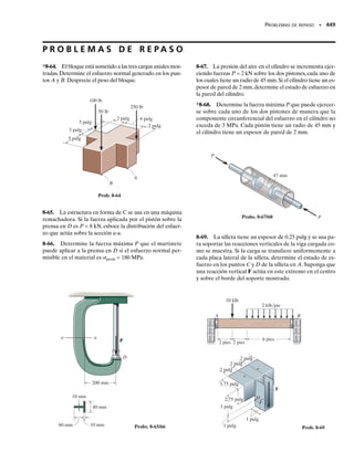 SECCIÓN 7.6 Centro de cortante • 409
E J E M P L O 7.8
La canal mostrada en la figura 7-23a está sometida a una fuerza cor-
tante de 20 kN. Determine el flujo de cortante en los puntos B, C y D y
trace la distribución del flujo cortante en la sección transversal. Calcu-
le también la fuerza resultante en cada región de la sección transver-
sal.
D
V = 20 kN
(a)
C
B
200 mm
10 mm
80 mm
10 mm
200 mm
Solución
Localizaremos primero el eje neutro y determinaremos el momento de
inercia de la sección transversal. Para esto, la sección transversal será
subdividida en tres rectángulos, figura 7-23b. Usando unidades métri-
cas, la posición del eje neutro, medida desde la parte superior, es:
El momento de inercia respecto al eje neutro es entonces:
I 


1
1
2

(0.4 m)(0.01 m)3
+(0.4 m)(0.01 m)(0.01786 m-0.005 m)2


+2


1
1
2

(0.01m)(0.08m)3
+(0.08m)(0.01m)(0.05m-0.001786m)2

 3.20(106
) m4
Como A  0 para el punto B, figura 7-23a, entonces QB  0, y por
tanto:
qB  0 Resp.
Para determinar el flujo cortante en C, que está localizado sobre la
línea central del lado corto de la canal, usamos el área con sombra os-
cura mostrada en la figura 7-23c. Entonces,
QC  y

C A
C  [0.085 m/2  0.01286 m](0.085 m)(0.01 m)
 25.19(106
) m3
por lo que
qC    157 kN/m Resp.
20 kN(25.19)(106
) m3
)




3.20(106
) m4
VQC


I
y
    0.01786 m
[0.005 m](0.4 m)(0.01 m)+2 [[0.05 m](0.08 m)(0.01 m)]








0.4 m(0.01 m)+2(0.08 m)(0.01 m)
∑y
A


∑A
0.01786 m – 0.005 m = 0.01286 m
0.085 m
A
N
C
(c)
Fig. 7-23
(b)
N
y
A
0.4 m
0.01 m
0.08 m
Continúa
07-Hibbeler 31/8/56 3:34 AM Página 409
 