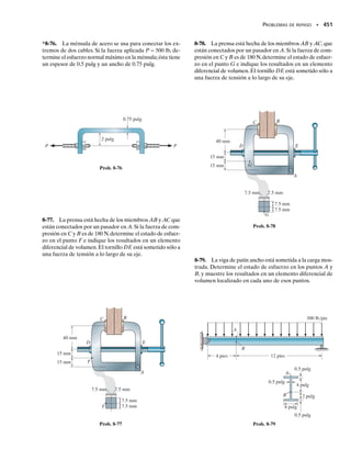 E J E M P L O 7.9
Determine la posición del centro de cortante para la sección en canal
de pared delgada con las dimensiones mostradas en la figura 7-25a.
Solución
Resultantes del flujo de cortante. Una fuerza cortante V vertical ha-
cia abajo aplicada a la sección ocasiona que el cortante fluya a través
de los patines y alma según se muestra en la figura 7-25b. Esto genera
fuerzas resultantes Ff y V en los patines y alma como se muestra en la
figura 7-25c.Tomaremos momentos respecto al punto A de modo que
sólo tenga que determinarse la fuerza Ff en el patín inferior.
El área de la sección transversal puede subdividirse en tres rectán-
gulos componentes: un alma y dos patines. Como se supone que las
componentes son delgadas, el momento de inercia del área respecto al
eje neutro es:
De la figura 7-25d, q en la posición arbitraria x es:
Por consiguiente, la fuerza Ff es:
Este mismo resultado puede también obtenerse encontrando primero
(qmáx)f,figura 7-25b,y luego determinando el área triangular 

1
2

b (qmáx)f
 Ff.
Centro de cortante. Sumando momentos respecto al punto A, figura
7-25c, requerimos:
Entonces,
Resp.
De acuerdo con lo antes expuesto, e depende sólo de las dimensio-
nes de la sección transversal.
SECCIÓN 7.6 Centro de cortante • 411
h
b
t
(a)
t
I =
1
12
th3
+ 2cbta
h
2
b
2
d =
th2
2
a
h
6
+ bb
q =
VQ
I
=
V1h22[b - x]t
1th2
22[1h62 + b]
=
V1b - x2
h[1h62 + b]
Ff = 
b
0
q dx =
V
h[1h62 + b] 
b
0
1b - x2 dx =
Vb2
2h[1h62 + b]
Ve = Ffh =
Vb2
h
2h[1h62 + b]
e =
b2
[1h32 + 2b]
Distribución del flujo cortante
(b)
(q )
máx f
(q )
máx alma
h
A
F
F
V
P
e
=
V
=
(c)
A
f
f
2
h
–
x
(d)
b
A
N
q
dx
Fig. 7-25
07-Hibbeler 31/8/56 3:34 AM Página 411
 