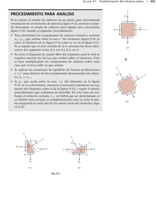 PROBLEMAS • 415
7-63. La trabe en caja está sometida a una fuerza cortan-
te V  15 kN. Determine (a) el flujo cortante desarrolla-
do en el punto B y (b) el flujo cortante máximo en el alma
AB de la trabe.
*7-64. La viga está sometida a una fuerza cortante V 
5 klb. Determine el flujo cortante en los puntos A y B.
7-65. La viga está formada por cuatro placas y está so-
metida a una fuerza cortante V  5 klb. Determine el flu-
jo cortante máximo en la sección transversal.
7-66. La viga reforzada está construida con placas con
espesor de 0.25 pulg. Si está sometida a una fuerza cortan-
te V  8 klb, determine la distribución del flujo cortante
en los segmentos AB y CD de la viga. ¿Cuál es la fuerza
cortante resultante soportada por esos segmentos? Tam-
bién, esboce cómo se distribuye el flujo cortante en la sec-
ción transversal. Las dimensiones verticales están referi-
das a la línea central de cada segmento horizontal.
7-67. Determine la variación del esfuerzo cortante sobre
la sección transversal del tubo de pared delgada en fun-
ción de la elevación y y demuestre que máx  2V/A, don-
de A  2rt.Sugerencia:escoja un elemento diferencial de
área dA  Rt d.Con dQ  y dA,exprese Q para una sec-
ción circular de  a (  ) y demuestre que Q 
2R2
t cos , donde cos   	(R2
– y
2
)1/2
/R.
250 mm
15 mm
15 mm
25 mm
25 mm
25 mm
150 mm
150 mm
B
A
V
Prob. 7-63
4 pulg
6 pulg
4 pulg
4 pulg
A
C
D
B
V
2 pulg
2 pulg
4 pulg
Prob. 7-66
A
V
0.5 pulg
0.5 pulg
5 pulg
5 pulg
0.5 pulg
2 pulg 0.5 pulg
8 pulg
B
A
C
D
Probs. 7-64/65
t
y
dθ
ds
θ
R
Prob. 7-67
07-Hibbeler 31/8/56 3:34 AM Página 415
 