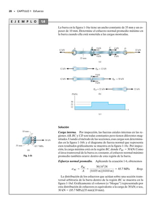 El análisis previo se aplica a miembros sometidos a tensión o a compre-
sión, como se muestra en la figura 1-15. Como interpretación gráfica, la
magnitud de la fuerza interna resultante P es equivalente al volumen ba-
jo el diagrama de esfuerzo; es decir, P   A (volumen  altura  base).
Además, como consecuencia del equilibrio de momentos, esta resultante
pasa por el centroide de este volumen.
Aunque hemos desarrollado este análisis para barras prismáticas, esta
suposición puede ampliarse para incluir barras que tengan un pequeño
ahusamiento. Por ejemplo, puede demostrarse, usando un análisis más
exacto de la teoría de la elasticidad, que para una barra ahusada de sec-
ción transversal rectangular,en la cual el ángulo entre dos lados adyacen-
tes es de 15°, el esfuerzo normal promedio, calculado según   P/A, es
sólo 2.2% menor que el valor calculado con la teoría de la elasticidad.
Esfuerzo normal promedio máximo. En el análisis anterior, tanto
la fuerza interna P como el área de la sección transversal se consideraron
constantes a lo largo del eje longitudinal de la barra y por tanto se obtu-
vo un esfuerzo normal   P/A también constante. Sin embargo, en oca-
siones la barra puede estar sometida a varias cargas externas a lo largo de
su eje o puede presentarse un cambio en su área de sección transversal.
En consecuencia, el esfuerzo normal dentro de la barra puede ser dife-
rente de sección a sección, y si debe calcularse el esfuerzo normal prome-
dio máximo,tendrá que determinarse la posición en que la razón P/A sea
máxima. Para esto es necesario determinar la fuerza interna P en varias
secciones a lo largo de la barra, lo que se consigue dibujando un diagra-
ma de fuerza normal o axial. Específicamente, este diagrama es una grá-
fica de la fuerza normal P contra su posición x a lo largo de la longitud de
la barra. P se considerará positiva si causa tensión en el miembro y nega-
tiva si causa compresión. Una vez conocida la carga interna en toda la
barra podrá identificarse la razón máxima de P/A.
26 • CAPÍTULO 1 Esfuerzo
Esta barra de acero se usa para suspen-
der una porción de una escalera, y por
ello está sometida a un esfuerzo de
tensión.
=
P
_
A
P
P
P
P
Tensión Compresión
Fig. 1-15
01-Hibbeler 28/8/56 5:05 AM Página 26
 