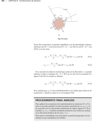 420 • CAPÍTULO 7 Esfuerzo cortante transversal
*7-84. Determine la posición e del centro de cortante,
punto O,para la viga que tiene la sección transversal mos-
trada. El espesor es t.
P R O B L E M A S D E R E P A S O
7-87. La viga está hecha con cuatro tablones clavados en-
tre sí, como se muestra. Si cada clavo puede soportar una
fuerza cortante de 100 lb, determine las separaciones re-
queridas s y s entre los clavos cuando la viga está someti-
da a una fuerza cortante V  700 lb.
*7-88. La viga está hecha de cuatro tablones clavados en-
tre sí,como se muestra.Si la viga está sometida a una fuer-
za cortante V  1200 lb, determine la fuerza cortante en
cada clavo. La separación en los lados es s  3 pulg y en la
parte superior, s  4.5 pulg.
7-89. La viga se compone de tres placas delgadas solda-
das como se muestra. Si se somete a una fuerza cortante
V  48 kN, determine el flujo cortante en los puntos A y B.
Además, calcule el esfuerzo cortante máximo en la viga.
7-85. Determine el esfuerzo cortante en los puntos B y
C sobre el alma de la viga, en la sección a-a.
7-86. Determine el esfuerzo cortante máximo que actúa
en la sección a-a de la viga.
O
r
e
Prob. 7-84
A
150 lb/pie
a
a
C
B
C
B
8000 lb
D
2 pulg 0.75 pulg
0.75 pulg
4 pulg
6 pulg
4 pies
1.5 pies
1.5 pies
4 pies
0.5 pulg
Probs. 7-85/86
100 mm
100 mm
15 mm
15 mm
200 mm
B
A
V
100 mm
Prob. 7-89
1.5 pulg
12 pulg
2 pulg
V
1 pulg
10 pulg
1 pulg
1 pulg
s
s
s
s
Probs. 7-87/88
07-Hibbeler 31/8/56 3:34 AM Página 420
 