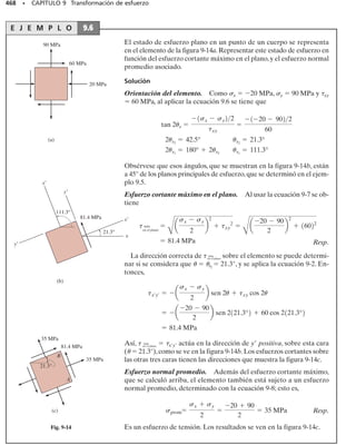 428 • CAPÍTULO 8 Cargas combinadas
8-10. Un cincho de acero A-36 tiene diámetro interior
de 23.99 pulg, espesor de 0.25 pulg y ancho de 1 pulg. Si el
cincho y el cilindro rígido de 24 pulg de diámetro tienen
una temperatura de 65º F, determine la temperatura a la
que el cincho debe calentarse para que deslice apenas sobre
el cilindro. ¿Cuál es la presión que el cincho ejerce sobre el
cilindro y el esfuerzo de tensión en el cincho cuando éste
se enfría a su temperatura original de 65º F?
8-11. Las duelas o miembros verticales del barril de ma-
dera se mantienen unidas mediante aros semicirculares de
0.5 pulg de espesor y 2 pulg de ancho.Determine el esfuerzo
normal en el aro AB cuando el tanque se somete a una pre-
sión manométrica interna de 2 lb/pulg2
y esta carga se trans-
mite directamente a los aros.Asimismo,si se utilizan pernos
de 0.25 pulg de diámetro para conectar los aros entre sí, de-
termine el esfuerzo de tensión en cada perno A y B. Su-
ponga que el aro AB soporta la carga de presión a lo largo
de una longitud de 12 pulg del barril como se muestra.
*8-12. Una caldera está construida con placas de acero
de 8 mm de espesor unidas entre sí a tope en sus extremos
por medio de dos cubreplacas de 8 mm y remaches de 10 mm
de diámetro espaciados a 50 mm como se muestra. Si la
presión del vapor en la caldera es de 1.35 MPa, determine
(a) el esfuerzo circunferencial en la placa de la caldera a
un lado de la junta,(b) el esfuerzo circunferencial en la cu-
breplaca exterior a lo largo de la línea a-a de remaches y
(c) el esfuerzo cortante en los remaches.
8-13. Para incrementar la resistencia del recipiente a pre-
sión se dispuso un embobinado a base de filamentos del
mismo material alrededor de la circunferencia del recipien-
te como se muestra. Si la pretensión en el filamento es T y
el recipiente está sometido a una presión interna p, deter-
mine los esfuerzos circunferenciales en el filamento y en la
pared del recipiente. Use el diagrama de cuerpo libre mos-
trado y suponga que el embobinado de los filamentos tiene
un espesor t y ancho w para toda longitud L del recipiente.
8-14. Un recipiente a presión de extremos cerrados se
fabrica trenzando filamentos de fibra de vidrio sobre un
mandril,de manera que el espesor t del recipiente está com-
puesto enteramente de filamento y de un pegamento epóxi-
co como se muestra en la figura.Considere un segmento del
recipiente de ancho w y trenzado a un ángulo 	. Si el reci-
piente está sometido a una presión interna p,demuestre que
la fuerza en el segmento es F	 = 0wt, donde 0 es el esfuer-
zo en los filamentos. Demuestre también que los esfuerzos
en las direcciones circunferenciales y longitudinales son h
= 0 sen2
	 y l = 0 cos2
	,respectivamente.¿Bajo qué ángu-
lo 	 deben trenzarse (ángulo óptimo de trenzado) los fila-
mentos para que los esfuerzos circunferenciales y longitudi-
nales sean equivalentes?
a
8 mm
50 mm a
0.75 m
Prob. 8-12
6 pulg
12 pulg
18 pulg
12 pulg
6 pulg
A B
Prob. 8-11
24 pulg
Prob. 8-10
T
p
σ1
σ1
w
t9
L
t
T
Prob. 8-13
d
t
F
w
θ
Prob. 8-14
08-Hibbeler 31/8/56 3:38 AM Página 428
 