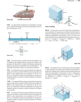 Componentes de esfuerzo.
Fuerza normal. La distribución uniforme del esfuerzo normal que
actúa sobre la sección transversal es producida por la fuerza normal,
figura 8-5d. En el punto C,
Fuerza cortante. En este caso, A = 0, ya que el punto C está situado
en la parte superior del miembro. Así, Q = y
A = 0 y para C, figura
8-5e, el esfuerzo cortante

C = 0
Momento flexionante. El punto C está localizado en y = c = 125 mm
desde el eje neutro, por lo que el esfuerzo normal en C, figura 8-5f, es:
Superposición. El esfuerzo cortante es cero. Sumando los esfuerzos
normales determinados antes, se obtiene un esfuerzo de compresión
en C que tiene un valor de:
C = 1.32 MPa + 63.15 MPa = 64.5 MPa Resp.
Este resultado, que actúa sobre un elemento en C, se muestra en la fi-
gura 8-5g.
434 • CAPÍTULO 8 Cargas combinadas
C
= 0
C
Fuerza cortante
(e)
+
C
= 63.15 MPa
σC
Momento flexionante
(f)
+
C
= 1.32 MPa
σC
Fuerza normal
(d)
64.5 MPa
(g)
sC =
P
A
=
16.45 kN
10.050 m210.250 m2
= 1.32 MPa
sC =
Mc
I
=
132.89 kN # m210.125 m2
C 1
1210.050 m210.25023
D
= 63.15 MPa
Fig. 8.5 (cont.)
08-Hibbeler 31/8/56 3:38 AM Página 434
 