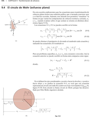 E J E M P L O 8.5
La barra sólida mostrada en la figura 8-6a tiene un radio de 0.75 pulg.
Determine el estado de esfuerzo en el punto A al estar sometida a la
carga mostrada.
Solución
Cargas internas. La barra se secciona por el punto A. Usando el dia-
grama de cuerpo libre del segmento AB, figura 8-6b, las cargas resul-
tantes internas se pueden determinar a partir de las seis ecuaciones de
equilibrio.Verifique esos resultados.La fuerza normal (500 lb) y la fuerza
cortante (800 lb) deben pasar por el centroide de la sección transver-
sal y las componentes del momento flexionante (8000 lb  