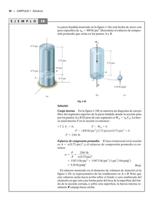 E J E M P L O 1.6
La barra en la figura 1-16a tiene un ancho constante de 35 mm y un es-
pesor de 10 mm. Determine el esfuerzo normal promedio máximo en
la barra cuando ella está sometida a las cargas mostradas.
28 • CAPÍTULO 1 Esfuerzo
Solución
Carga interna. Por inspección, las fuerzas axiales internas en las re-
giones AB, BC y CD son todas constantes pero tienen diferentes mag-
nitudes.Usando el método de las secciones,esas cargas son determina-
das en la figura 1-16b; y el diagrama de fuerza normal que representa
esos resultados gráficamente se muestra en la figura 1-16c. Por inspec-
ción, la carga máxima está en la región BC, donde PBC  30 kN. Como
el área transversal de la barra es constante, el esfuerzo normal máximo
promedio también ocurre dentro de esta región de la barra.
Esfuerzo normal promedio. Aplicando la ecuación 1-6, obtenemos
Resp.
La distribución de los esfuerzos que actúan sobre una sección trans-
versal arbitraria de la barra dentro de la región BC se muestra en la
figura 1-16d. Gráficamente el volumen (o “bloque”) representado por
esta distribución de esfuerzos es equivalente a la carga de 30 kN;o sea,
30 kN  (85.7 MPa)(35 mm)(10 mm).
sBC =
PBC
A
=
301103
2N
10.035 m210.010 m2
= 85.7 MPa
(d)
30 kN
85.7 MPa
35 mm
10 mm
Fig. 1-16
(b)
9 kN
9 kN
12 kN
12 kN
= 12 kN
P
AB
= 30 kN
P
BC
22 kN
= 22 kN
P
CD
P(kN)
x
12
22
30
(c)
12 kN 22 kN
9 kN
9 kN
4 kN
4 kN
35 mm
A D
B C
(a)
01-Hibbeler 28/8/56 5:05 AM Página 28
 