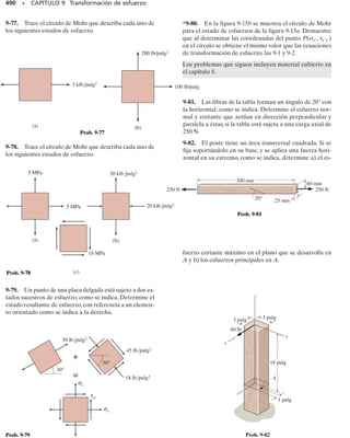 pulg)
800 lb
Carga combinada
(c)
+
= + + +
sA =
P
A
=
500 lb
p10.75 pulg22
= 283 lb/pulg2
= 0.283 klb/pulg2
0.283 klb/pulg
2
+ 21.13 klb/pulg
2
17.5 klb/pulg
2
21.4 klb/pulg
2
0.604 klb/pulg
2
+ 16.90 klb/pulg
2
o
(i)
Fig. 8-6 (cont.)
Q = yA =
410.75 pulg2
3p
c
1
2
p10.75 pulg22
d = 0.2813 pulg3
tA =
VQ
It
=
800 lb10.2813 pulg3
2
C1
4p10.75 pulg24
D210.75 pulg2
= 604 lb/pulg2
= 0.604 klb/pulg2
sA =
Mc
I
=
7000 lb # pulg10.75 pulg2
C1
4 p10.75 pulg24
D
= 21 126 lb/pulg2
= 21.13 klb/pulg2
tA =
Tc
J
=
11 200 lb # pulg10.75 pulg2
C1
2 p10.75 pulg24
D
= 16 901 lb/pulg2
= 16.90 klb/pulg2
08-Hibbeler 31/8/56 3:38 AM Página 436
 