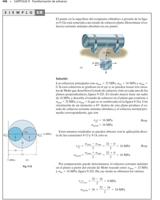 m)
(e)
C
B
A
375 kPa
C
B
A
D
125 kPa
125 kPa
875 kPa
625 kPa
(0.8 m – )
h
h
(0.4 m – )
e e
+ =
375 kPa 375 kPa
D
+
Carga combinada
(f)
Fig. 8-7 (cont.)
smáx =
Mycx
Iy
=
16 kN # m10.4 m2
C 1
1210.4 m210.8 m23
D
= 375 kPa
sD = -125 kPa + 375 kPa - 375 kPa = -125 kPa
sC = -125 kPa - 375 kPa - 375 kPa = -875 kPa
sB = -125 kPa - 375 kPa + 375 kPa = -125 kPa
sA = -125 kPa + 375 kPa + 375 kPa = 625 kPa
y
h = 0.133 m
10.8 m - h2
625 kPa
=
h
125 kPa
e = 0.0667 m
10.4 m - e2
625 kPa
=
e
125 kPa
08-Hibbeler 31/8/56 3:38 AM Página 438
 