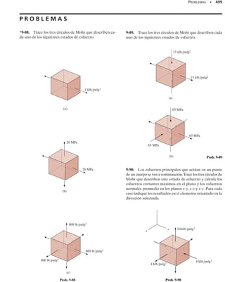 E J E M P L O 8.7
Continúa
Un bloque rectangular tiene un peso despreciable y está sometido a
una fuerza vertical P, figura 8-8a. (a) Determine el intervalo de valo-
res para la excentricidad ey de la carga a lo largo del eje y de manera
que no se presente ningún esfuerzo de tensión en el bloque. (b) Espe-
cifique la región sobre la sección transversal en que puede aplicarse P
sin que se presente un esfuerzo de tensión en el bloque.
Solución
Parte (a). Cuando P se mueve al centroide de la sección transversal,
figura 8-8b, es necesario agregar un momento concentrado Mx = Pey
para mantener una carga estáticamente equivalente. El esfuerzo nor-
mal combinado en cualquier posición y sobre la sección transversal,
causado por esas dos cargas, es:
El signo negativo indica aquí un esfuerzo de compresión. Para una ey
positiva, figura 8-8a, el esfuerzo de compresión más pequeño se pre-
senta a lo largo del borde AB, donde y = h/2, figura 8-8b. (Por ins-
pección, P genera compresión en tal lugar, pero Mx genera tensión.)
Por tanto,
Este esfuerzo será negativo, es decir, de compresión, si el término en
paréntesis es positivo; esto es
Como A = bh e Ix = 
1
1
2
 bh3
, entonces
Resp.
En otras palabras, si –
1
6
h  ey  
1
6
h, el esfuerzo en el bloque a lo largo
de los bordes AB o CD será cero o de compresión. A esto se le llama
a veces “regla del tercio medio”. Es muy importante mantener esta re-
gla en mente al cargar columnas o arcos con secciones rectangulares y
hechos de material de piedra o concreto, que pueden soportar poco o
ningún esfuerzo de tensión.
SECCIÓN 8.2 Estado de esfuerzo causado por cargas combinadas • 439
s = -
P
A
-
1Pey2y
Ix
= -
P
A
a1 +
Aeyy
Ix
b
smín = -
P
A
a1 -
Aeyh
2Ix
b
1 7
Aeyh
2Ix
o
ey 6
1
6
h
1 7
6ey
h
(a)
b
P
y
x
z
h
ey
y
=
(b)
C
B
A
D
P
y
y = –
2
h
–
Mx = Pey
x
Fig. 8-8
08-Hibbeler 31/8/56 3:38 AM Página 439
 