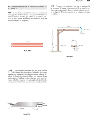 PROBLEMAS • 441
P R O B L E M A S
8-17. La prensa está formada por los miembros AB y AC
conectados entre sí por un pasador en A. Si se ejerce una
fuerza de compresión en C y B de 180 N, determine el es-
fuerzo máximo de compresión en la sección a-a de la prensa.
El tornillo EF está sometido sólo a una fuerza de tensión
a lo largo de su eje.
8-18. La prensa está formada por los miembros AB y AC
conectados entre sí por un pasador en A. Si se ejerce una
fuerza de compresión en C y B de 180 N, esboce la distri-
bución del esfuerzo que actúa sobre la sección a-a. El tor-
nillo EF está sometido sólo a una fuerza de tensión a lo
largo de su eje.
8-15. El tornillo de la prensa ejerce una fuerza de com-
presión de 500 lb sobre los bloques de madera. Determine
el esfuerzo normal máximo desarrollado en la sección a-a.
La sección transversal ahí es rectangular, de 0.75 pulg por
0.50 pulg.
*8-16. El tornillo de la prensa ejerce una fuerza de compre-
sión de 500 lb sobre los bloques de madera. Esboce la dis-
tribución del esfuerzo en la sección a-a de la prensa. La
sección transversal ahí es rectangular,de 0.75 por 0.50 pulg.
8-19. La segueta tiene una hoja ajustable que se tensa
con una fuerza de 40 N. Determine el estado de esfuerzo
en los puntos A y B del marco.
*8-20. El eslabón excéntrico soporta la carga P = 30 kN.
Determine su ancho w requerido si el esfuerzo normal per-
misible es perm = 73 MPa. El eslabón tiene un espesor de
40 mm.
8-21. El eslabón excéntrico tiene un ancho w = 200 mm
y un espesor de 40 mm. Si el esfuerzo normal permisible
es perm = 75 MPa, determine la carga máxima P que pue-
de aplicarse a los cables.
4 pulg
0.75 pulg
a
a
Probs. 8-15/16
75 mm
50 mm
8 mm
3 mm
3 mm
8 mm
A
B
100 mm
Prob. 8-19
180 N
180 N
B
C
F
E
A
a a
30 mm 40 mm
15 mm
15 mm
Sección a-a
Probs. 8-17/18
P
P
w
50 mm
Probs. 8-20/21
08-Hibbeler 31/8/56 3:38 AM Página 441
 