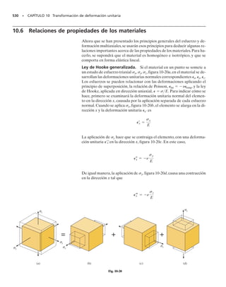 470 • CAPÍTULO 9 Transformación de esfuerzo
9-10. Determine el estado equivalente de esfuerzo sobre
un elemento, si está orientado a 30°, en el sentido de las
manecillas del reloj,del elemento que se muestra aquí.Use
las ecuaciones de transformación de esfuerzo.
9-11. Determine el estado equivalente de esfuerzo sobre
un elemento, si está orientado a 50° en sentido contrario
de las manecillas del reloj, del elemento que se muestra
aquí. Use las ecuaciones de transformación de esfuerzo.
9-17. Un punto sobre una placa delgada se sujeta a los
dos estados sucesivos de esfuerzo que se ve en la figura.
Determine el estado resultante de esfuerzo, representado
en el elemento orientado como se ve a la derecha.
*9-16. El estado de esfuerzo en un punto se muestra en
el elemento.Determine a) los esfuerzos principales y b) el
esfuerzo cortante máximo en el plano, y el esfuerzo nor-
mal promedio en el punto. Especifique, en cada caso, la
orientación del elemento.
9-15. El estado de esfuerzo en un punto se muestra en
el elemento.Determine a) los esfuerzos principales y b) el
esfuerzo cortante máximo en el plano, y el esfuerzo nor-
mal promedio en el punto. Especifique, en cada caso, la
orientación del elemento.
*9-12. Resuelva el problema 9-6 usando las ecuaciones
de transformación de esfuerzo.
9-13. El estado de esfuerzo en un punto se muestra en
el elemento.Determine a) los esfuerzos principales y b) el
esfuerzo cortante máximo en el plano, y el esfuerzo nor-
mal promedio en el punto. Especifique, en cada caso, la
orientación del elemento.
9-14. El estado de esfuerzo en un punto se muestra en
el elemento.Determine a) los esfuerzos principales y b) el
esfuerzo cortante máximo en el plano, y el esfuerzo nor-
mal promedio en el punto. Especifique, en cada caso, la
orientación del elemento.
175 MPa
200 MPa
250 MPa
Prob. 9-16
85 MPa
60 MPa
30°
45°
85 MPa
+ =
␶xy
σx
σy
Prob. 9-17
150 MPa
180 MPa
Prob. 9-14
30 klb/pulg2
12 klb/pulg2
Prob. 9-15
300 lb/pulg2
950 lb/pulg2
Prob. 9-10
16 klb/pulg2
10 klb/pulg2
Prob. 9-11
60 MPa
45 MPa
30 MPa
Prob. 9-13
 