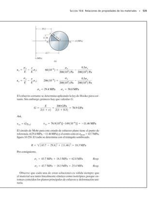 PROBLEMAS • 475
9-49. La viga tubular cuadrada está sometida a la carga
que se indica.Determine los esfuerzos principales en la vi-
ga, en los puntos A y B.
9-50. Una barra tiene sección transversal redonda, con
un diámetro de 1 pulg Se somete a un par de torsión y a un
momento de flexión. En el punto del esfuerzo máximo de
flexión, los esfuerzos principales son 20 klb/pulg2
y 10
klb/pulg2
. Determine el par y el momento de flexión.
9-51. Las cargas internas en una sección de una viga con-
sisten en una fuerza axial de 500 N, una fuerza cortante de
800 N y dos componentes de momento, de 30 N  m y
40 N  m. Calcule los esfuerzos principales en el punto A.
También calcule el esfuerzo cortante máximo en el plano,
en ese punto.
*9-52. Las cargas internas en una sección de una viga con-
sisten en una fuerza axial de 500 N, una fuerza cortante de
800 N y dos componentes de momento, de 30 N  m y
40 N  m. Calcule los esfuerzos principales en el punto B.
También calcule el esfuerzo cortante máximo en el plano,
en ese punto.
9-53. Las cargas internas en una sección de una viga con-
sisten en una fuerza axial de 500 N, una fuerza cortante de
800 N y dos componentes de momento, de 30 N  m y
40 N  m. Calcule los esfuerzos principales en el punto C.
También calcule el esfuerzo cortante máximo en el plano,
en ese punto.
■9-55. El miembro tiene sección transversal rectangular
y está sometido a las cargas que se indican.Escriba un pro-
grama de cómputo que se pueda usar para determinar los
esfuerzos principales en los puntos A, B y C. Demuestre
una aplicación del programa con los valores b 	 150 mm,
h 	 200 mm, P 	 1.5 kN, x 	 75 mm, z 	 50 mm, Vx 	
300 N y Vz 	 600 N.
■9-54. La viga tiene un corte transversal rectangular, y
está sometida a las cargas que se indican. Escriba un pro-
grama de cómputo que se pueda usar para determinar los
esfuerzos principales en los puntos A, B, C y D, que se in-
dican.Demuestre una aplicación del programa,con los va-
lores h 	 12 pulg, b 	 8 pulg, Nx 	 400 lb, Vy 	 300 lb,
Vz 	 0, My 	 0 y Mz 	 150 lb · pie.
3 pies 2.5 pies 5 pies
2.5 pies
A
B
800 lb 1200 lb
6 pulg
A
B
6 pulg 8 pulg
8 pulg
Prob. 9-49
A
B
C
D
b
h
–
2
h
–
2
Vy
Vz
Nx
y
z
x My
Mz
Prob. 9-54
P
y
x z
h
–
2
z x
C
B
A
b
–
2
b
–
2
h
–
2
Vz Vx
Prob. 9-55
200 mm
50 mm
50 mm
100 mm
A
B
C
800 N
500 N
30 N⭈m
40 N⭈m
Probs. 9-51/52/53
A
B
Prob. 9-48
 