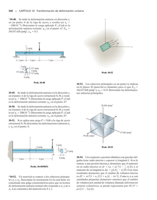 E J E M P L O 9.7
La carga axial P produce el estado de esfuerzos en el material, como
se indica en la figura 9-18a.Trazar el círculo de Mohr para este caso.
Solución
Construcción del círculo. De la figura 9-18a,
x 	  y 	 0 xy 	 0
Se definen los ejes  y  en la figura 9-18b. El centro del círculo C está
en el eje  en
480 • CAPÍTULO 9 Transformación de esfuerzo
Desde la cara derecha del elemento, figura 9-18a, el punto de referen-
cia para  	 0° tiene las coordenadas A(, 0). Por consiguiente, el ra-
dio del círculo CA es R 	 /2, figura 9-18b.
Esfuerzos. Observe que los esfuerzos principales están en los puntos
A y D.
1 	  2 	 0
El elemento de la figura 9-18a representa este estado de esfuerzos prin-
cipales.
El esfuerzo cortante máximo en el plano, y el esfuerzo normal pro-
medio asociado, se identifican en el círculo como el punto E o F, figu-
ra 9-18b. En E, sucede que
Por observación, el ángulo 2s1
	 90°. Por consiguiente, s1
	 45°, por
lo que el eje x está orientado a 45°, en el sentido de las manecillas del
reloj, respecto al eje x, figura 9-18c.Ya que E tiene coordenadas posi-
tivas, entonces prom y máx
en el plano actúan en las direcciones x y y positivas,
respectivamente.
sprom =
sx + sy
2
=
s + 0
2
=
s
2
sprom =
s
2
t máx
en el plano
=
s
2
(c)
45°
x
y
x
prom =
σ σ
_
2
máx
en el plano
σ
_
2
=
Fig. 9-18
(a)
P
P
C
F
D
E
2
—
2
s1
θ
σ
σ
A( , 0)
σ
(b)
R = σ
_
2
 