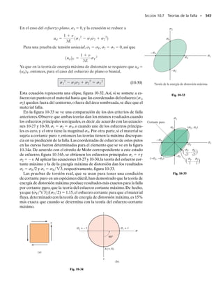 El estado de esfuerzo plano en un punto se indica en el elemento de la
figura 9-22a. Representar este estado de esfuerzo sobre un elemento
orientado a 30° en sentido contrario al de las manecillas del reloj, de la
posición que se muestra.
Solución
Construcción del círculo. Según los datos del problema,
484 • CAPÍTULO 9 Transformación de esfuerzo
Los ejes  y  se establecen en la figura 9-22b. El centro del círculo C
está en el eje  a la distancia
El punto inicial para  	 0° tiene las coordenadas A(8, 6). Enton-
ces, de acuerdo con el triángulo sombreado, el radio CA es
Esfuerzos sobre el elemento a 30°. Como se debe girar el elemento
30° en sentido contrario a las manecillas del reloj, se debe trazar un ra-
dio CP a 2(30°) 	 60° en sentido contrario a las manecillas del reloj,
a partir de CA( 	 0°), figura 9-22b. Ahora se deben obtener las co-
ordenadas del punto P(x, xy). De acuerdo con la geometría del
círculo,
Estos dos componentes de esfuerzo actúan sobre la cara BD del ele-
mento que se ve en la figura 9-22c, porque el eje x para esta cara está
orientado a 30° del eje x, en sentido contrario al de las manecillas del
reloj.
Los componentes de esfuerzo que actúan sobre la cara DE adjunta,
del elemento, que está a 60° del eje positivo X en sentido de las mane-
cillas del reloj, figura 9-22c, se representan por las coordenadas del punto
Q del círculo. Este punto está en el radio CQ, que está a 180° de CP.
Las coordenadas del punto Q son
Observe que en este caso xy actúa en dirección de y.
Resp.
Resp.
5.66 klb/pulg2
60°
x
y
y
30°
8.20 klb/pulg2
B
D
E
12.2 klb/pulg2
x
(c)
x
x
Fig. 9-22
12 klb/pulg2
8 klb/pulg2
6 klb/pulg2
(a)
29.04°
11.66
Q
P
A
60°
120°
R = 11.66
6
xy
σx¿
ψ = 29.04°
σ (klb/pulg2)
(klb/pulg2)
8 2
C
(b)
11.66
φ
sx =
-
8 klb/pulg2 sy =12 klb/pulg2 txy =
-
6 klb/pulg2
sprom =
-8 + 12
2
= 2 klb/pulg2
R=211022
+1622
=11.66
tx′y′ = 11.66 sen 29.04° = 5.66 klb/pulg2
sx′ = 2 - 11.66 cos 29.04° = -8.20 klb/pulg2
f = tan-1 6
10
= 30.96° c = 60° - 30.96° = 29.04°
Resp.
tx′y′ = -111.66 sen 29.042 = -5.66 klb/pulg2 1comprobar2
sx′ = 2 + 11.66 cos 29.04° = 12.2 klb/pulg2
E J E M P L O 9.11
 