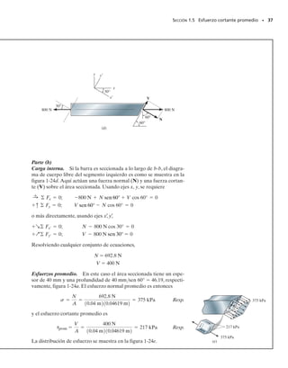 PUNTOS IMPORTANTES
• Si dos partes delgadas o pequeñas se unen entre sí, las cargas apli-
cadas pueden causar cortante del material con flexión desprecia-
ble. Si éste es el caso, es generalmente conveniente en el análisis
suponer que un esfuerzo cortante promedio actúa sobre el área
de la sección transversal.
• A menudo los sujetadores, como clavos y pernos, están someti-
dos a cargas cortantes. La magnitud de una fuerza cortante sobre
el sujetador es máxima a lo largo de un plano que pasa por las
superficies que son conectadas. Un diagrama de cuerpo libre cui-
dadosamente dibujado de un segmento del sujetador permitirá
obtener la magnitud y dirección de esta fuerza.
SECCIÓN 1.5 Esfuerzo cortante promedio • 35
PROCEDIMIENTO DE ANÁLISIS
La ecuación prom  V/A se usa para calcular sólo el esfuerzo cortan-
te promedio en el material. Su aplicación requiere dar los siguientes
pasos.
Cortante interno.
• Seccione el miembro en el punto donde el esfuerzo cortante pro-
medio va a ser determinado.
• Dibuje el diagrama de cuerpo libre necesario y calcule la fuerza
cortante interna V que actúa en la sección que es necesaria para
mantener la parte en equilibrio.
Esfuerzo cortante promedio.
• Determine el área seccionada A, y calcule el esfuerzo cortante
promedio prom  V/A.
• Se sugiere que prom sea mostrado sobre un pequeño elemento de
volumen de material localizado en un punto sobre la sección don-
de él es determinado. Para hacer esto, dibuje primero prom sobre
la cara del elemento que coincide con el área seccionada A. Este
esfuerzo cortante actúa en la misma dirección que V. Los esfuer-
zos cortantes que actúan sobre los tres planos adyacentes pueden
entonces ser dibujados en sus direcciones apropiadas siguiendo
el esquema mostrado en la figura 1-23.
01-Hibbeler 28/8/56 5:06 AM Página 35
 