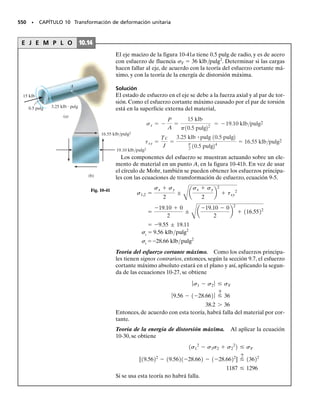 PROBLEMAS • 489
9-71. Determine a) los esfuerzos principales y b) el es-
fuerzo cortante máximo en el plano, y el esfuerzo normal
promedio. Especifique la orientación del elemento, en ca-
da caso.
*9-72. Determine a) los esfuerzos principales y b) el es-
fuerzo cortante máximo en el plano, y el esfuerzo normal
promedio. Especifique la orientación del elemento, en ca-
da caso.
9-73. Determine a) los esfuerzos principales y b) el es-
fuerzo cortante máximo en el plano, y el esfuerzo normal
promedio. Especifique la orientación del elemento, en ca-
da caso.
9-74. Determine a) los esfuerzos principales y b) el es-
fuerzo cortante máximo en el plano, y el esfuerzo normal
promedio. Especifique la orientación del elemento, en ca-
da caso.
9-75. Determine a) los esfuerzos principales y b) el es-
fuerzo cortante máximo en el plano, y el esfuerzo normal
promedio. Especifique la orientación del elemento, en ca-
da caso.
*9-76. Determine a) los esfuerzos principales y b) el es-
fuerzo cortante máximo en el plano, y el esfuerzo normal
promedio. Especifique la orientación del elemento, en ca-
da caso.
300 lb/pulg2
120 lb/pulg2
Prob. 9-76
10 klb/pulg2
15 klb/pulg2
8 klb/pulg2
Prob. 9-71
50 MPa
30 MPa
Prob. 9-72
8 klb/pulg2
12 klb/pulg2
4 klb/pulg2
Prob. 9-73
30 MPa
45 MPa
50 MPa
Prob. 9-74
50 MPa
30 MPa
Prob. 9-75
 