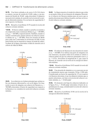 PROBLEMAS • 491
9-83. La cortina de concreto descansa en un cimiento
anterior, y está sometida a las presiones hidrostáticas in-
dicadas.Si su ancho es 6 pies,determine los esfuerzos prin-
cipales que actúan sobre el concreto en el punto A.Indique
los resultados en un elemento orientado en forma adecua-
da en ese punto. El peso específico del concreto es

 	 150 lb/pie3
.
*9-84. La escalera está apoyada sobre la superficie áspe-
ra en A, y en una pared lisa en B. Si un hombre de 150 lb
de peso está parado en C, determine los esfuerzos princi-
pales en una de las alfardas (los laterales de la escalera)
en el punto D. Cada alfarda es de tabla de 1 pulg de espe-
sor y su sección transversal es rectangular.Suponga que el
peso total del hombre se ejerce verticalmente en el peldaño
en C, y se divide por igual en cada una de las dos alfardas
de la escalera. No tenga en cuenta el peso de la escalera,
ni las fuerzas desarrolladas por los brazos del hombre.
9-87. El poste tiene un área transversal cuadrada. Si es-
tá fijo y soportado en su base, y se aplican las cargas que
se indican en su extremo, determine a) el esfuerzo cortan-
te máximo en el plano desarrollado en A, y b) los esfuer-
zos principales en A.
9-85. Un recipiente esférico a presión tiene un radio in-
terior de 5 pies, y el espesor de su pared es 0.5 pulg.Trace
un círculo de Mohr para el estado de esfuerzo en un pun-
to del recipiente,y explique el significado del resultado.El
recipiente está sometido a una presión interna de 80 psi.
9-86. El recipiente cilíndrico a presión tiene un radio in-
terior de 1.25 m, y el espesor de su pared es 15 mm. El re-
cipiente fabricado con placas de acero soldadas en la unión
a 45°. Determine los componentes de esfuerzo normal y
cortante a lo largo de esta unión, si el recipiente está suje-
to a una presión interna de 8 MPa.
4 pies
5 pies
3 pulg
1 pulg
D
C
1 pulg
1 pulg
3 pulg
D
5 pies
B
A
12 pies
Prob. 9-84
1.25 m
45°
Prob. 9-86
9 pulg
y
x
z
400 lb
3 pulg 3 pulg
A
1 pulg
500 lb
900 lb
Prob. 9-87
10 pies
624 lb/pie2
5 pies
2 pies
1 pie
3 pies
2 pies
124.8 lb/pie2
A
Prob. 9-83
 