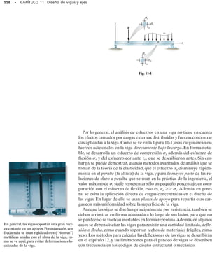 En el círculo se ve que el ángulo 2, medido en sentido contrario a las
manecillas del reloj desde CA hacia el eje  es
SECCIÓN 9.7 Esfuerzo cortante máximo absoluto • 497
Así,
Esfuerzo cortante máximo absoluto. Al aplicar las ecuaciones 9-13
y 9-14 se obtienen
Esta rotación en sentido contrario al de las manecillas del reloj define
la dirección del eje x para mín y su plano principal correspondiente,
figura 9-31c. Como no hay esfuerzo principal sobre el elemento en la
dirección z, se obtienen
Estos mismos resultados también se pueden obtener trazando el
círculo de Mohr para cada orientación de un elemento, respecto a los
ejes x, y y z, figura 9-31d. Como máx y mín tienen signos opuestos,
entonces el esfuerzo cortante máximo absoluto es igual al esfuerzo cor-
tante máximo en el plano. Esto se debe a una rotación de 45° del ele-
mento de la figura 9-31c en torno al eje z, por lo que el elemento con
su orientación correcta se ve en la figura 9-31e.
51.2 lb/pulg2
x
38.0°
31.2 lb/pulg2
(c)
= 83.0°
x
10 lb/pulg2
41.2 lb/pulg2
(e)
θ
σ (lb/pulg2)
(d)
σmín = –51.2 lb/pulg2
C
10
σmáx = 31.2 lb/pulg2
(lb/pulg2)
A
76.0° + 90° = 166°
abs
máx= 41.2 lb/pulg2
σint = 0
2 =
θ
Resp.
Resp.
2u=tan
-
1
a
40
20-10
b=76.0°
u=38.0°
smáx = 31.2 lb/pulg2 sint = 0 smín = -51.2 lb/pulg2
sprom =
smáx + smín
2
=
31.2 - 51.2
2
= -10 lb/ pulg2
tabs
máx =
smáx - smín
2
=
31.2 - 1-51.22
2
= 41.2 lb/ pulg2
 
