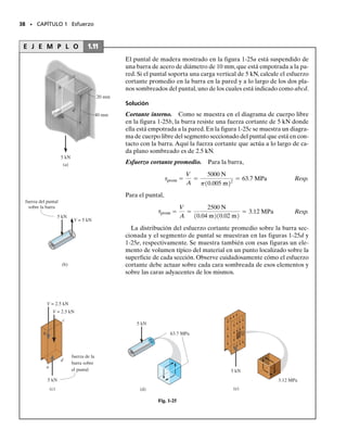 E J E M P L O 1.10
36 • CAPÍTULO 1 Esfuerzo
La barra mostrada en la figura 1-24a tiene una sección transversal cua-
drada de 40 mm. Si se aplica una fuerza axial de 800 N a lo largo del
eje centroidal del área transversal de la barra, determine el esfuerzo
normal promedio y el esfuerzo cortante promedio que actúan sobre el
material a lo largo (a) del plano a-a y (b) del plano b-b.
a
a
b
b
800 N
20 mm
60°
(a)
20 mm
(b)
800 N P = 800 N
(c)
500 kPa
500 kPa
Fig. 1-24
Solución
Parte (a)
Carga interna. La barra es seccionada, figura 1-24b, y la carga inter-
na resultante consiste sólo en una fuerza axial P  800 N.
Esfuerzo promedio. El esfuerzo normal promedio se determina con
la ecuación 1-6.
Resp.
No existe esfuerzo cortante sobre la sección, ya que la fuerza cortante
en la sección es cero.
prom  0 Resp.
La distribución del esfuerzo normal promedio sobre la sección trans-
versal se muestra en la figura 1-24c.
s =
P
A
=
800 N
10.04 m210.04 m2
= 500 kPa
01-Hibbeler 28/8/56 5:06 AM Página 36
 