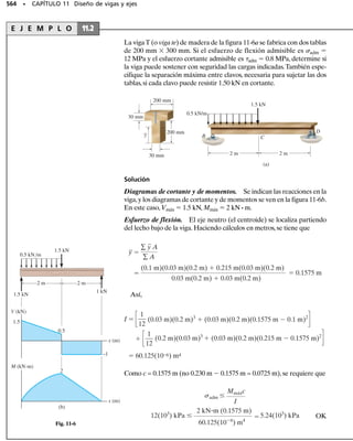 PROBLEMAS • 503
*9-100. Determine el estado equivalente de esfuerzo, si
un elemento se orienta a 40°, en sentido de las manecillas
del reloj, respecto al elemento que se muestra. Use el
círculo de Mohr.
9-101. La tabla de madera está sometida a las cargas in-
dicadas. Determine los esfuerzos principales que actúan
en el punto C, y especifique la orientación del elemento en
este punto. La viga está sostenida por un tornillo (pasa-
dor) en B y un soporte liso en A.
9-102. La tabla de madera está sometida a la carga que
se muestra.Si las fibras de la madera en el punto C forman
un ángulo de 60° con la horizontal, como se indica, deter-
mine los esfuerzos normal y cortante que actúan en direc-
ciones perpendicular y paralela a las mismas, respectiva-
mente, debido a las cargas. La tabla está sostenida por un
tornillo (pasador) en B y un soporte liso en A.
*9-104. El estado de esfuerzo en un punto de un miem-
bro se indica en el elemento. Determine los componentes
de esfuerzo que actúan sobre el plano inclinado AB. Re-
suelva el problema empleando el método de equilibrio des-
crito en la sección 9.1.
9-103. El estado de esfuerzo en un punto se indica en
el elemento.Determine a) los esfuerzos principales y b) el
esfuerzo cortante máximo en el plano, y el esfuerzo nor-
mal promedio en el punto. En cada caso, especifique la
orientación del elemento.
60 MPa
30 MPa
45 MPa
Prob. 9-103
14 klb/pulg2
20 klb/pulg2
A
B
50°
Prob. 9-104
50 N 50 N 40 N 40 N
100 mm
B
A
60°
C
25 mm
200 mm
100 mm
200 mm 200 mm 200 mm
50 mm
100 mm
Probs. 9-101/102
10 klb/pulg2
6 klb/pulg2
Prob. 9-100
 