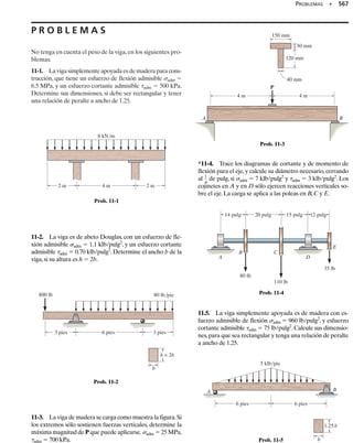 Para comprender cómo se hace primero confinaremos nuestra atención
en el estudio de la deformación unitaria plana. En forma específica, no
tendremos en cuenta los efectos de los componentes z, xz y yz. Enton-
ces en general,un elemento deformado en un plano está sujeto a dos com-
ponentes de deformación unitaria normal, x, y, y a un componente de
deformación unitaria cortante, xy. Las deformaciones de un elemento,
causadas por cada una de esas deformaciones unitarias, se ven gráfica-
mente en la figura 10-1. Observe que las deformaciones unitarias norma-
les se producen por cambios de longitud del elemento en las direcciones
x y y, y la deformación unitaria cortante se produce por la rotación rela-
tiva de dos lados adyacentes del elemento.
Aunque tanto la deformación unitaria plana como el esfuerzo plano tie-
nen tres componentes que están en el mismo plano, se debe tener en cuenta
que el esfuerzo plano no necesariamente causa la deformación unitaria
plana, o viceversa. La razón tiene que ver con el efecto de Poisson,
que se describió en la sección 3.6. Por ejemplo, si el elemento de la figura
10-2 se somete a un esfuerzo plano x y y, no sólo se producen las defor-
maciones unitarias normales x y y, sino también hay una deformación
unitaria normal correspondiente, z. Es obvio que ése no es el caso del es-
fuerzo plano. Entonces, en general, a menos que   0, el efecto de Pois-
son evita la ocurrencia simultánea de la deformación unitaria plana y el
esfuerzo plano.También se debe hacer notar que ya que el esfuerzo cor-
tante y la deformación unitaria cortante no son afectados por la relación
de Poisson, para la condición de xz  yz  0 se requiere que xz  yz  0.
506 • CAPÍTULO 10 Transformación de deformación unitaria
(a)
x
y
Deformación unitaria normal x
∋
dx
x
∋ dx
x
y
(b)
y
∋
dy
y
∋ dy
Deformación unitaria normal
(c)
x
Deformación unitaria cortante γxy
γxy
2
___
γxy
2
___
y
Fig. 10-1
El espécimen de hule está restringido
entre dos soportes fijos, por lo que su-
frirá deformación unitaria plana cuan-
do se le apliquen cargas en el plano
horizontal.
10-Hibbeler 31/8/56 3:47 AM Página 506
 