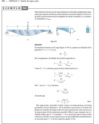 Deformaciones unitarias principales. Como en el esfuerzo,se puede
determinar la orientación de un elemento en un punto tal que la deforma-
ción del elemento se represente con deformaciones unitarias normales,
sin deformación unitaria cortante. Cuando eso sucede, las deformaciones
unitarias normales se llaman deformaciones unitarias principales, y si el
material es isotrópico, los ejes a lo largo de los cuales se hacen esas defor-
maciones coinciden con los ejes que definen los planos de esfuerzos prin-
cipales.
De acuerdo con las ecuaciones 9-4 y 9-5, y con la correspondencia entre
esfuerzo y deformación unitaria que se indicó anteriormente,las direccio-
nes de los ejes, y los dos valores de las deformaciones unitarias principa-
les 1 y 2, se determinan con
510 • CAPÍTULO 10 Transformación de deformación unitaria
Los esfuerzos complejos a menudo se
desarrollan en las uniones donde los reci-
pientes se conectan. Los esfuerzos se
determinan al medir la deformación uni-
taria.
tan 2up =
gxy
Px - Py
(10-8)
(10-9)
tan 2us=
-a
Px-Py
gxy
b
P1,2 =
Px + Py
2
;
B
a
Px - Py
2
b
2
+ a
gxy
2
b
2
Deformación unitaria máxima en el plano. Al usar las ecuaciones
9-6, 9-7 y 9-8, se determinan la dirección de los ejes y la deformación uni-
taria máxima en el plano, así como la deformación unitaria normal pro-
medio, con las siguientes ecuaciones:
g máx
en el plano
2
=
B
a
Px-Py
2
b
2
+ a
gxy
2
b
2
Pprom =
Px + Py
2
(10-10)
(10-11)
(10-12)
PUNTOS IMPORTANTES
• Debido al efecto de Poisson, el estado de deformación unitaria plana no es un estado de esfuerzo plano, y
viceversa.
• Un punto de un cuerpo se somete a esfuerzo plano cuando la superficie del cuerpo no tiene esfuerzos. Se
puede usar el análisis de deformación unitaria plana dentro del plano de los esfuerzos, para analizar los re-
sultados de las galgas extensométricas. Recuérdese, sin embargo, que hay una deformación unitaria normal
que es perpendicular a los deformímetros o galgas.
• Cuando el estado de deformación unitaria se representa por las deformaciones unitarias principales, no ac-
túa deformación unitaria cortante sobre el elemento.
• El estado de deformación unitaria en el punto también se puede representar en función de la deformación
unitaria máxima en el plano. En este caso, sobre el elemento también actuará la deformación unitaria nor-
mal promedio.
• El elemento que representa la deformación unitaria cortante máxima en el plano, y sus deformaciones unita-
rias normales promedio, forma 45° con el elemento que representa las deformaciones unitarias principales.
10-Hibbeler 31/8/56 3:47 AM Página 510
 