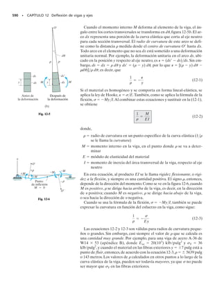 4.14° se puede determinar cuál
de esas dos deformaciones unitarias deforma al elemento en la direc-
ción x. Entonces,
Px¿ = -353110-6
2
Por consiguiente, x  2. Cuando se somete a las deformaciones unita-
rias principales,el elemento se distorsiona como muestra la figura 10-7b.
x
y
(a)
dy
dx
∋ dy
∋
dx
y
x
γxy
2
__
γxy
2
__
x
y
(b)
x
y
4.14°
−
∋2
∋1dy
dx
85.9°
Fig. 10-7
Px′ =
Px + Py
2
+
Px - Py
2
cos 2u +
gxy
2
sen 2u
+
80110-6
2
2
sen 21-4.14°2
up = -4.14° y 85.9°
= a
-350 + 200
2
b110-6
2 + a
-350 - 200
2
b110-6
2 cos 21-4.14°2
10-Hibbeler 31/8/56 3:47 AM Página 512
 