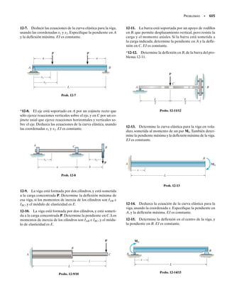 6
)).De acuerdo con el triángulo sombrea-
do de la figura 10-11a, el radio del círculo es CA; esto es,
Deformaciones unitarias principales. Las coordenadas  de los pun-
tos B y D representan las deformaciones principales. Éstas son:
La dirección de la deformación unitaria principal positiva 1 se defi-
ne por el ángulo 2	p1
en sentido contrario al de las manecillas del reloj,
medido desde la línea radial de referencia CA hacia la línea CB.
Entonces,
Por consiguiente,el lado dx del elemento está orientado a 8.35° en sen-
tido contrario al de las manecillas del reloj, como se ve en la figura
10-11b. Esto también define la dirección de 1. También se muestra la
deformación del elemento en esa figura.
Pprom =
250 + 1-1502
2
110-6
2 = 50110-6
2
R = C 21250 - 5022
+ 16022
D110-6
2 = 208.8110-6
2
P1 = 150 + 208.82110-6
2 = 259110-6
2
P2 = 150 - 208.82110-6
2 = -159110-6
2
tan 2up1
=
60
1250 - 502
up1
= 8.35°
Resp.
Resp.
∋
(a)
60
R
A
C
= 208.8
(10– 6
)
∋
B 1
( , 0)
50
250
∋
2 , 0)
D(–
(10– 6
)
γ
_
2
x
y
(b)
x
y
= 8.35°
dx
∋
∋
1
dy
2
p
θ 1
dy
dx
Fig. 10-11
Resp.
10-Hibbeler 31/8/56 3:47 AM Página 516
 