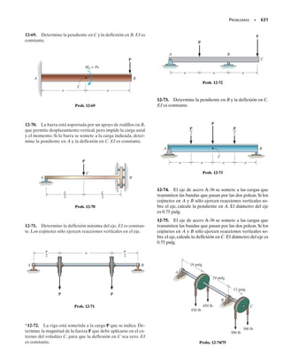 6
). Use las
ecuaciones de transformación de deformación unitaria, y
determine las deformaciones unitarias equivalentes en el
plano, sobre un elemento orientado en un ángulo de
	  60° en sentido contrario al de las manecillas del reloj,
respecto a la posición original.Trace el elemento deforma-
do en el plano x-y, debido a esas deformaciones unitarias.
*10-4. Resuelva el problema 10-3 para un elemento
orientado a 	  30° en sentido de las manecillas del reloj.
y
x
Prob. 10-2
x
y
Probs. 10-3/4
y
x
Prob. 10-5
y
x
Prob. 10-7
10-5. El estado de deformación unitaria de un punto de la
ménsula tiene componentes x  400(10 