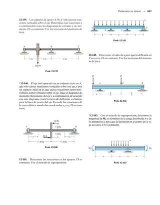 6
). Use las ecuaciones de transformación
de deformación unitaria para determinar (a) las deforma-
ciones unitarias principales en el plano y (b) la deformación
unitaria cortante máxima en el plano,y la deformación nor-
mal promedio.En cada caso especifique la orientación del
elemento, e indique cómo las deformaciones unitarias
deforman al elemento en el plano x-y.
■ 10-14. Examine el caso general de deformación unita-
ria plana, donde se conocen x, y y xy. Escriba un progra-
ma de cómputo para determinar la deformación unitaria
normal y cortante, x y xy, en el plano de un elemento
orientado a 	 grados respecto a la horizontal. También
calcule las deformaciones unitarias principales y la orien-
tación del elemento,así como la deformación unitaria cor-
tante máxima en el plano, la deformación unitaria normal
promedio y la orientación del elemento.
10-15. Resuelva el problema 10-2, usando el círculo de
Mohr.
*10-16. Resuelva el problema 10-4, usando el círculo de
Mohr.
10-17. Resuelva el problema 10-3, usando el círculo de
Mohr.
10-18. Resuelva el problema 10-5, usando el círculo de
Mohr.
10-19. Resuelva el problema 10-6, usando el círculo de
Mohr.
*10-20. Resuelva el problema 10-8, usando el círculo de
Mohr.
10-21. Resuelva el problema 10-7, usando el círculo de
Mohr.
10-22. Resuelva el problema 10-9, usando el círculo de
Mohr.
P
Prob. 10-13
60°
Prob. 10-12
10-Hibbeler 31/8/56 3:47 AM Página 521
 
