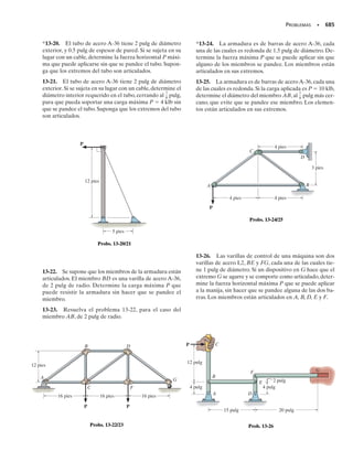 6
).
También se muestran en la figura 10-17 los tres círculos de Mohr, para
las orientaciones del elemento respecto a cada uno de los ejes x, y, z.
Se ve que como las deformaciones unitarias principales en el plano tienen
signos opuestos,la deformación unitaria cortante máxima en el plano tam-
bién es la deformación unitaria cortante máxima absoluta; es decir,
g máx
en el plano
= Pmáx - Pmín = [209 - 1-4092]110-6
2 = 618110-6
2
gabs
máx = 618110-6
2
Resp.
Resp.
10-Hibbeler 31/8/56 3:47 AM Página 524
 