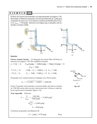 E J E M P L O 1.13
Los dos miembros están unidos por pasadores en B como se muestra
en la figura 1-31a. Se muestran también en la figura dos vistas superio-
res de las conexiones por pasador en A y B. Si los pasadores tienen un
esfuerzo cortante permisible perm  12.5 klb/pulg2
y el esfuerzo per-
misible de tensión de la barra CB es (t)perm  16.2 klb/pulg2
, deter-
mine el diámetro más pequeño, con una aproximación a 
1
1
6
 pulg, de los
pasadores A y B y el diámetro de la barra CB, necesarios para sopor-
tar la carga.
SECCIÓN 1.7 Diseño de conexiones simples • 53
Solución
La barra CB es un miembro de dos fuerzas; el diagrama de cuerpo li-
bre del miembro AB, junto con las reacciones calculadas en A y B, se
muestran en la figura 1-31b.Como ejercicio,verifique los cálculos y no-
te que la fuerza resultante en A debe usarse para el diseño del pasador
A, ya que ésta es la fuerza cortante que el pasador resiste.
B
4 pies
3 klb
3
5
4
C
2 pies
A
B
A
(a)
Fig. 1-31
4 pies
A
(b)
3 klb
B
2 pies
1 klb
3.33 klb
2.85 klb
2.67 klb
20.6°
3
5
4
Continúa
01-Hibbeler 28/8/56 5:13 AM Página 53
 