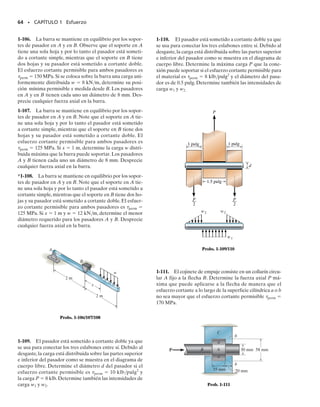 62 • CAPÍTULO 1 Esfuerzo
*1-96. Determine el área transversal requerida en el
miembro BC y el diámetro de los pasadores en A y B si
el esfuerzo normal permisible es perm  3 klb/pulg2
y el
esfuerzo cortante permisible es 	perm  4 klb/pulg2
.
1-97. Las dos barras de aluminio soportan la fuerza ver-
tical de P  20 kN. Determine sus diámetros requeridos si
el esfuerzo permisible de tensión para el aluminio es de
perm  150 MPa.
1-98. Las dos barras de aluminio AB y AC tienen diá-
metros de 10 mm y 8 mm, respectivamente. Determine la
fuerza P máxima vertical que puede ser soportada. El
esfuerzo permisible de tensión para el aluminio es perm 
150 MPa.
1-99. Las ménsulas soportan uniformemente la viga,por
lo que se supone que los cuatro clavos en cada ménsula so-
portan una porción igual de la carga. Si la viga está some-
tida a la carga mostrada, determine el esfuerzo cortante
promedio en cada clavo de la ménsula en los extremos A
y B. Cada clavo tiene un diámetro de 0.25 pulg. Las mén-
sulas soportan sólo cargas verticales.
*1-100. Las ménsulas soportan uniformemente la viga,
por lo que se supone que los cuatro clavos de cada mén-
sula soportan porciones iguales de la carga. Determine el
diámetro más pequeño de los clavos en A y B si el esfuerzo
cortante permisible para los clavos es 	perm  4 klb/pulg2
.
Las ménsulas soportan sólo cargas verticales.
C
60
2 pies 4 pies 2 pies
B
1500 lb 1500 lb
A
Prob. 1-96
P
B
A
C 45
Prob. 1-97
P
B
A
C 45
Prob. 1-98
18 pies
A B
30 lb/pie
40 lb/pie
Probs. 1-99/100
01-Hibbeler 28/8/56 5:13 AM Página 62
 